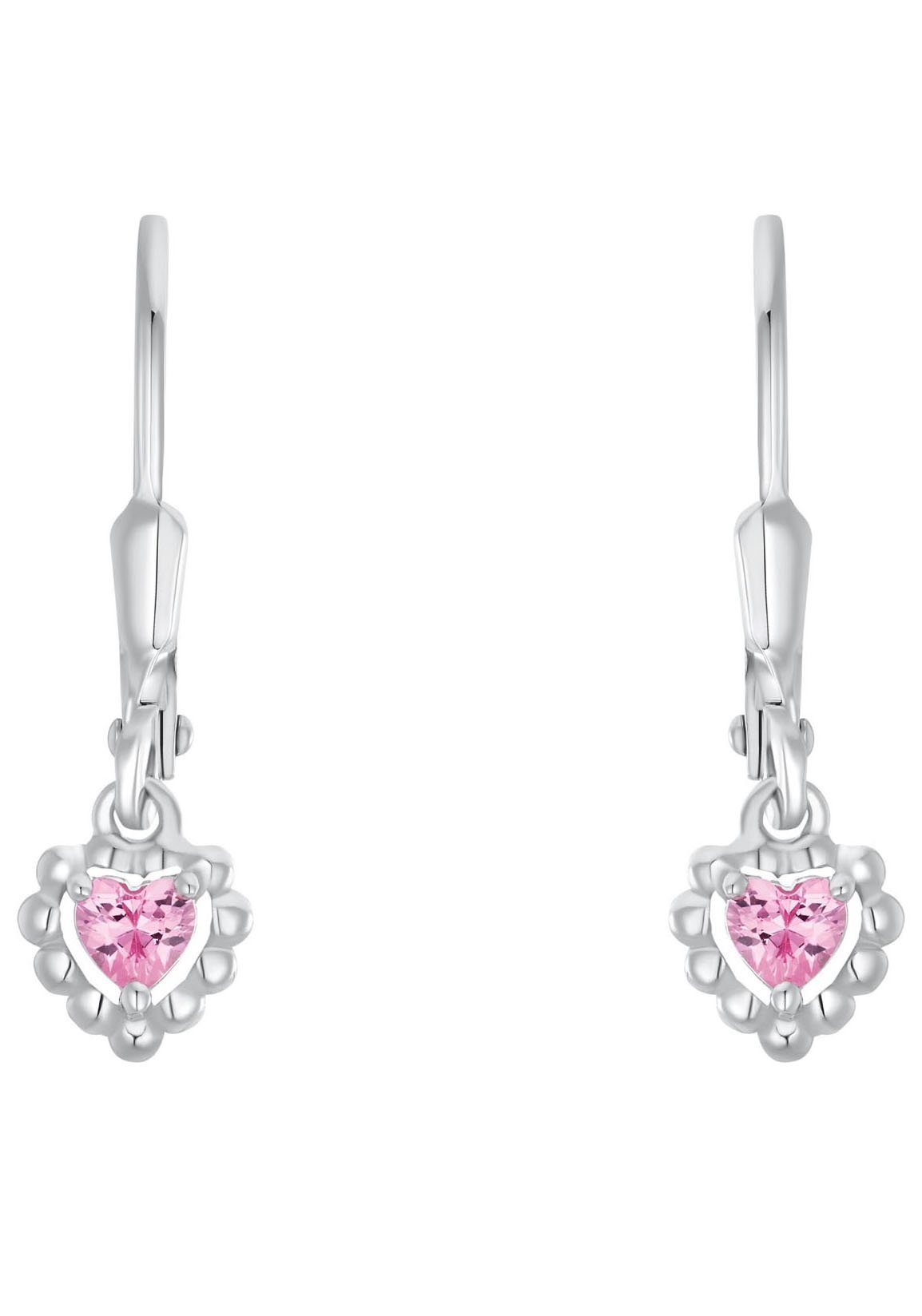 Amore Sterling Silver Heart Stud Earrings with Pink Cubic Zirconia