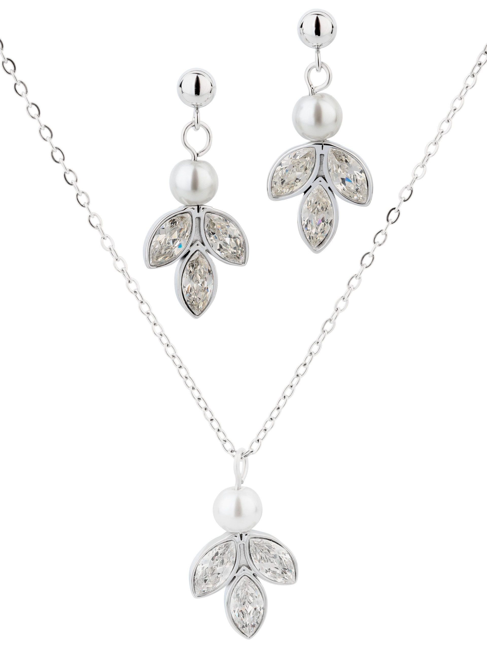 Brautkronen Brautschmuck Set: Stainless Steel Necklace & Earrings with Zirconia & Pearl for Brides