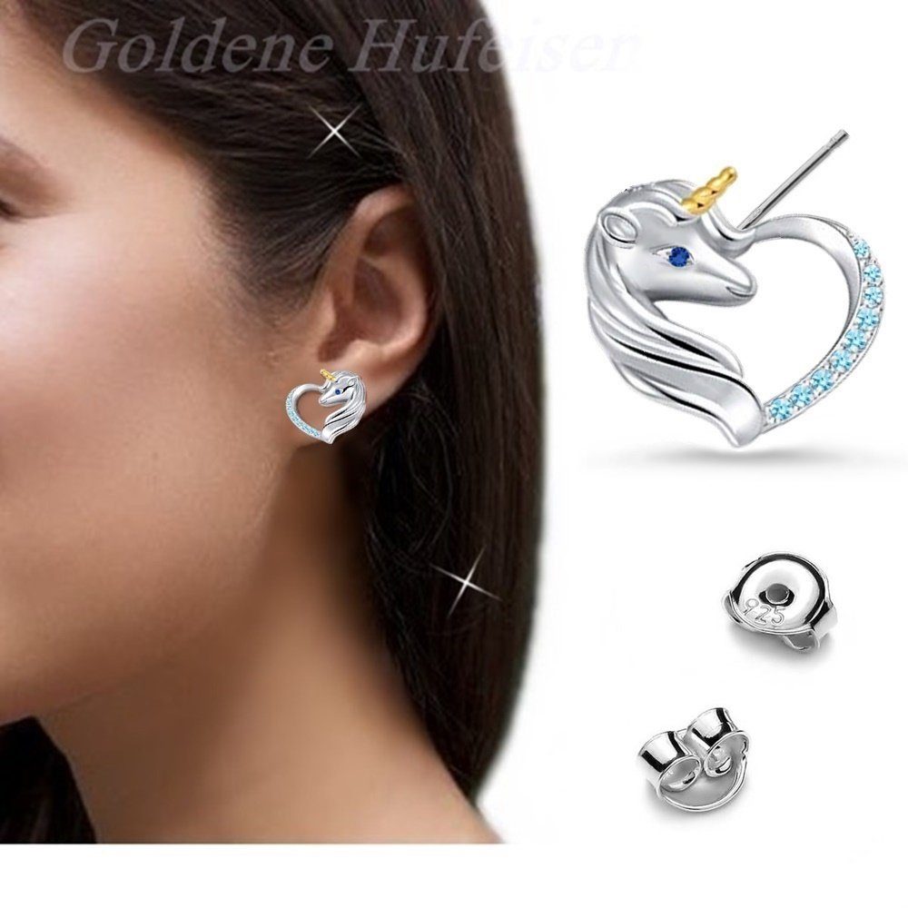 Golden Hufeisen Rainbow Unicorn Horse Earrings - 925 Sterling Silver Zirconia