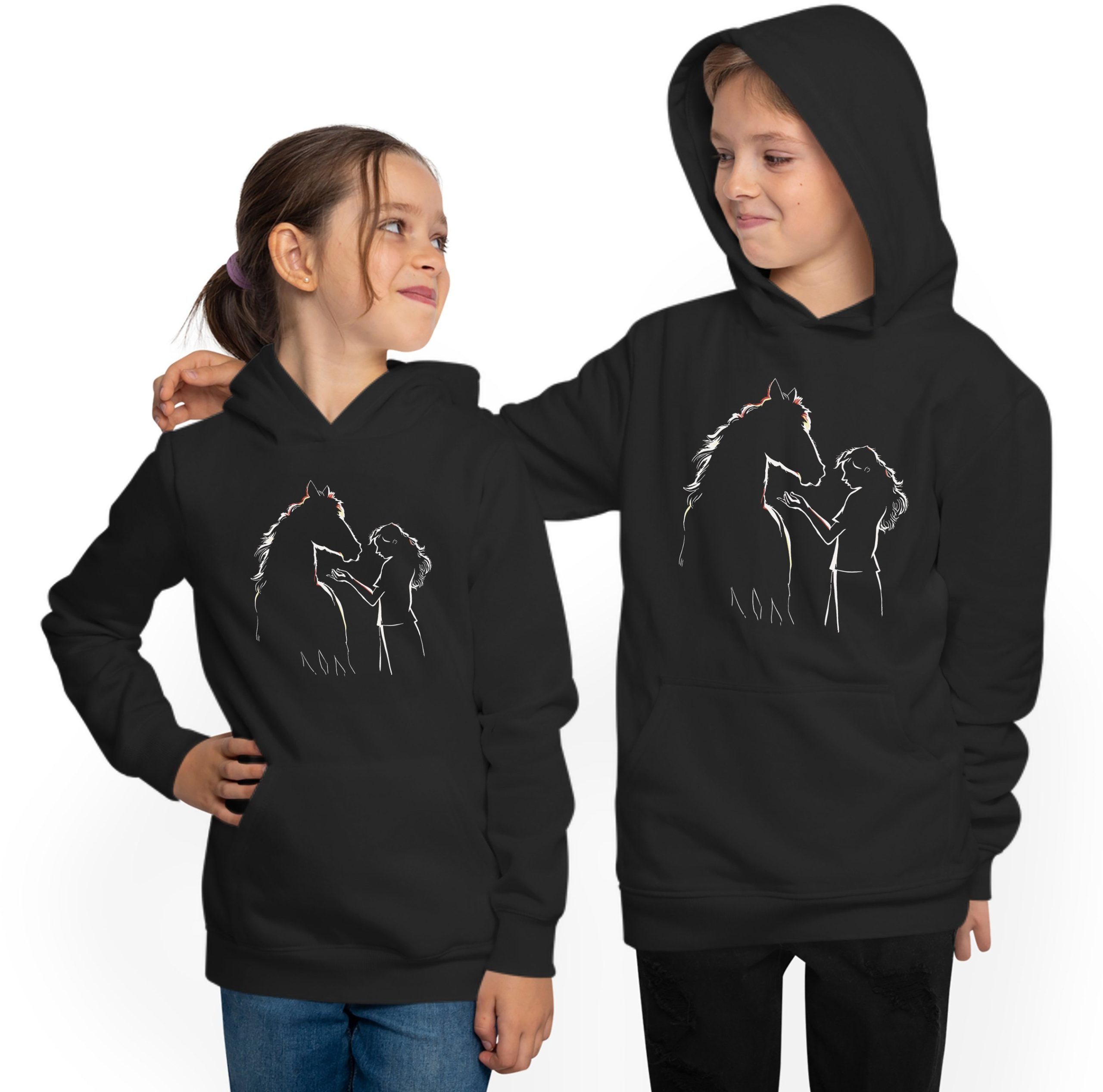 MyDesign24 Hoodie Kinder Kapuzen Sweatshirt - Pferde Hoodie Silhouette mit Frau Kapuzensweater mit Aufdruck