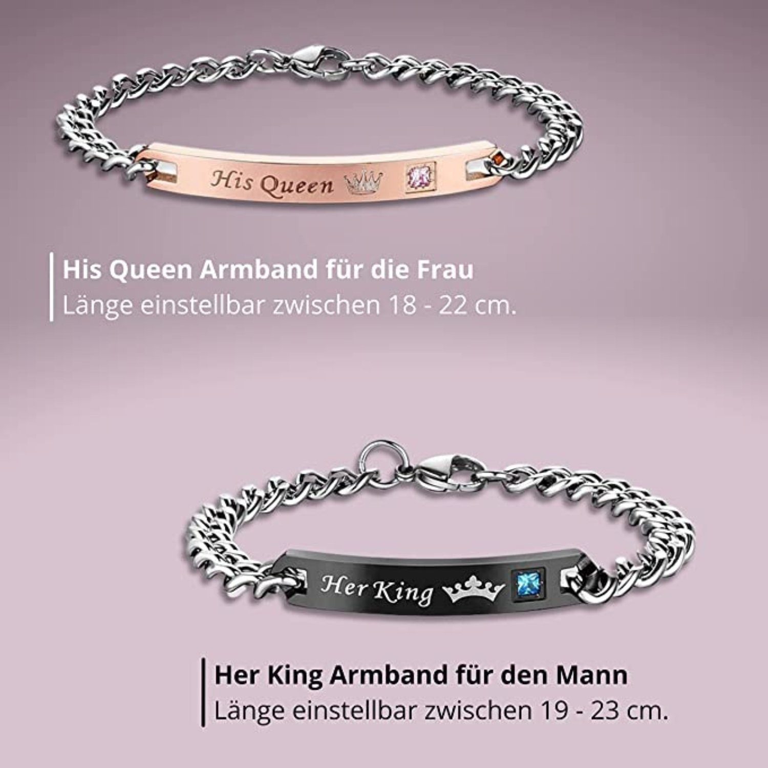 Binego Her King & His Queen Matching Couple Bracelets - Stainless Steel Gift Set