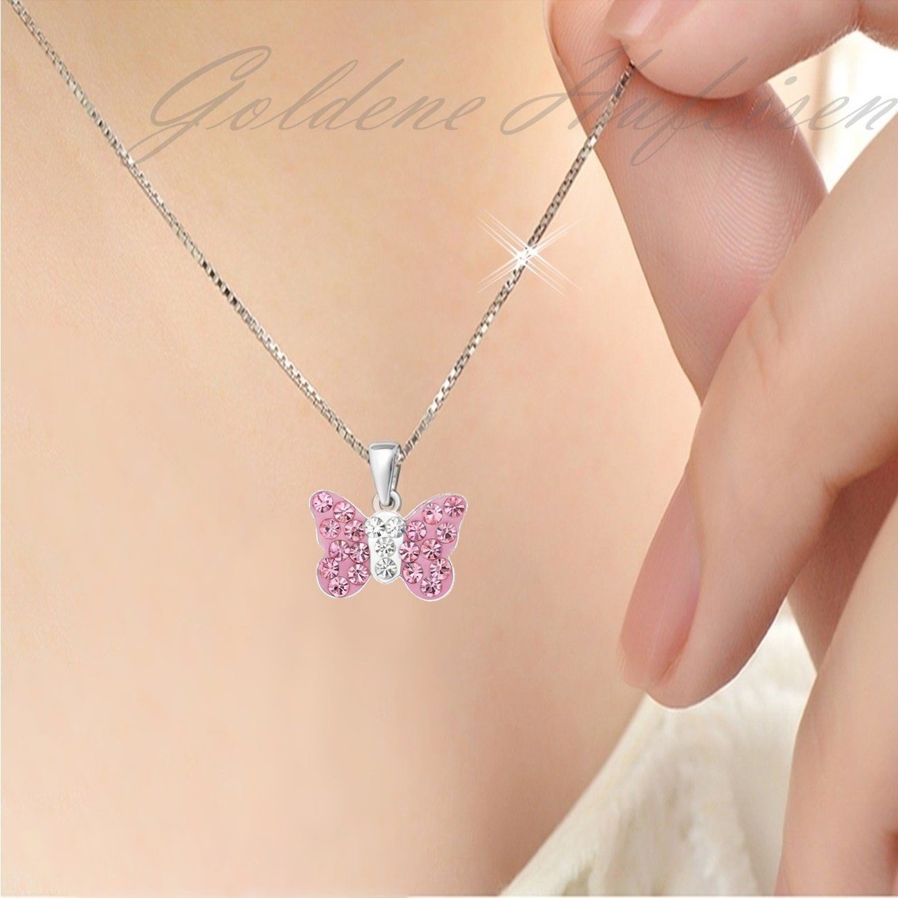 Goldene Hufiesen Crystal Butterfly & Heart Necklace - 925 Silver for Girls