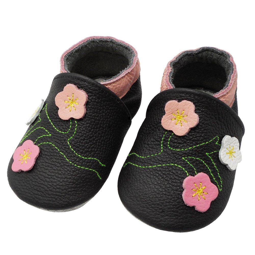 Yalion Weiche Leder Krabbel- und Lauflernschuhe 3-Blumen Schwarz