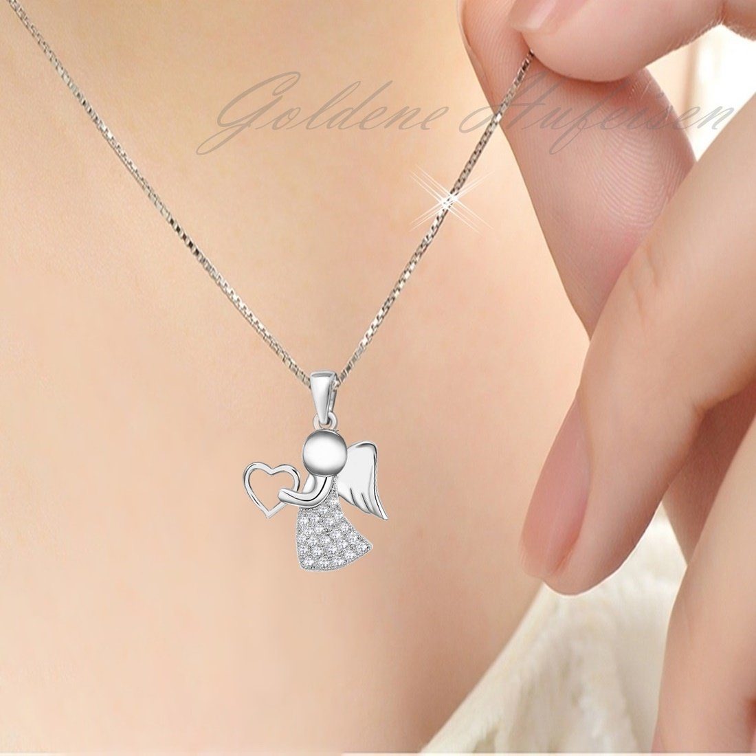 Golden Hufesien Engelanhänger Schutzengel Herz Zirkonia Anhänger mit Kette 925 Silber Engelkette (Halskette Set, inkl. Geschenkbox)