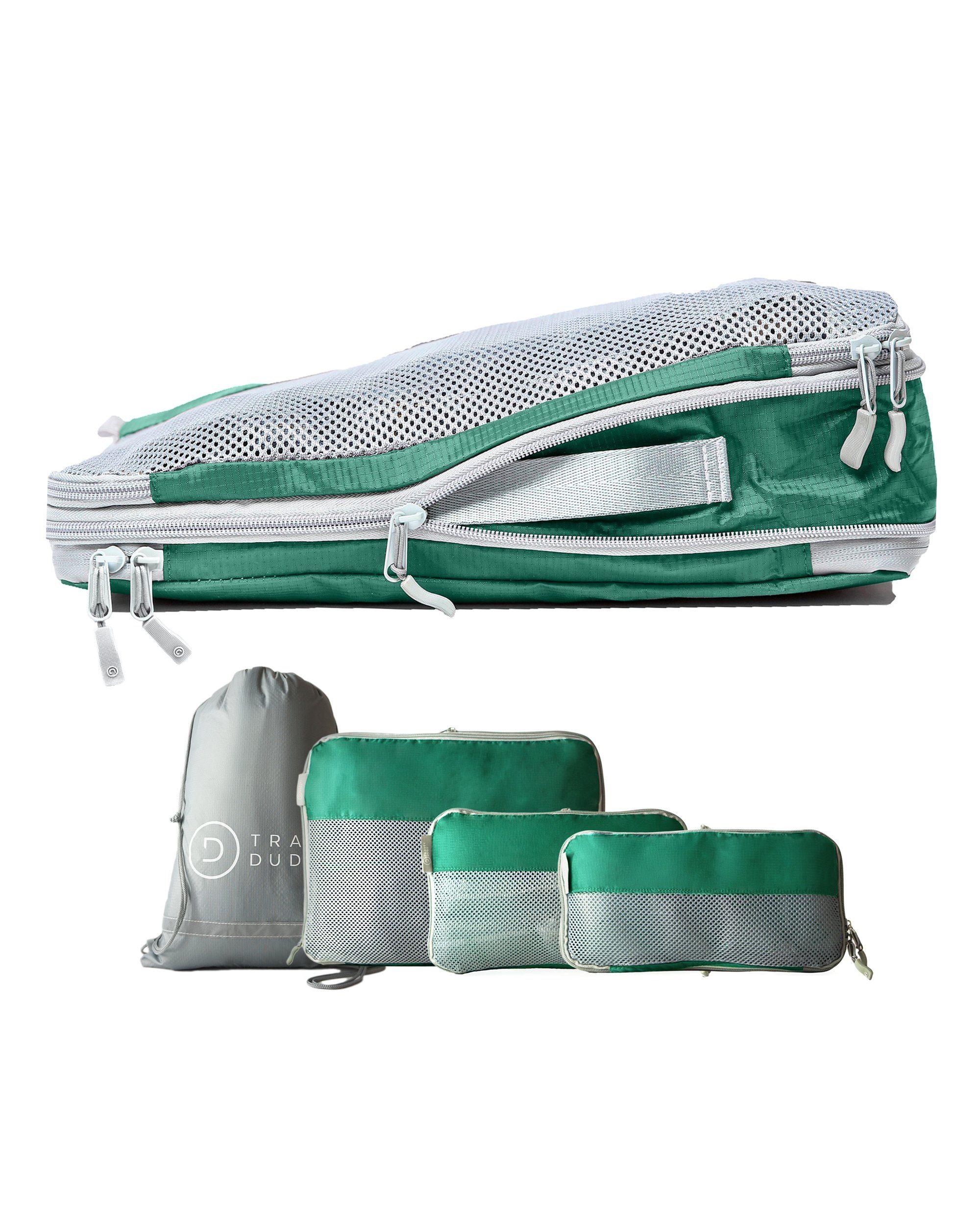 TRAVEL DUDE Kofferorganizer aus recycelten Plastikflaschen (ultraleichte Packwürfel, 4-tlg., Mit Packtaschen in verschiedenen Größen und einem Wäschebeutel), mit Kompression und einem Nassfach