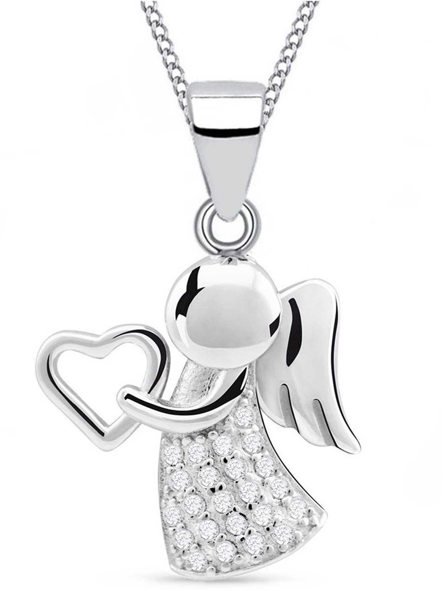 Golden Hufesien Engelanhänger Schutzengel Herz Zirkonia Anhänger mit Kette 925 Silber Engelkette (Halskette Set, inkl. Geschenkbox)