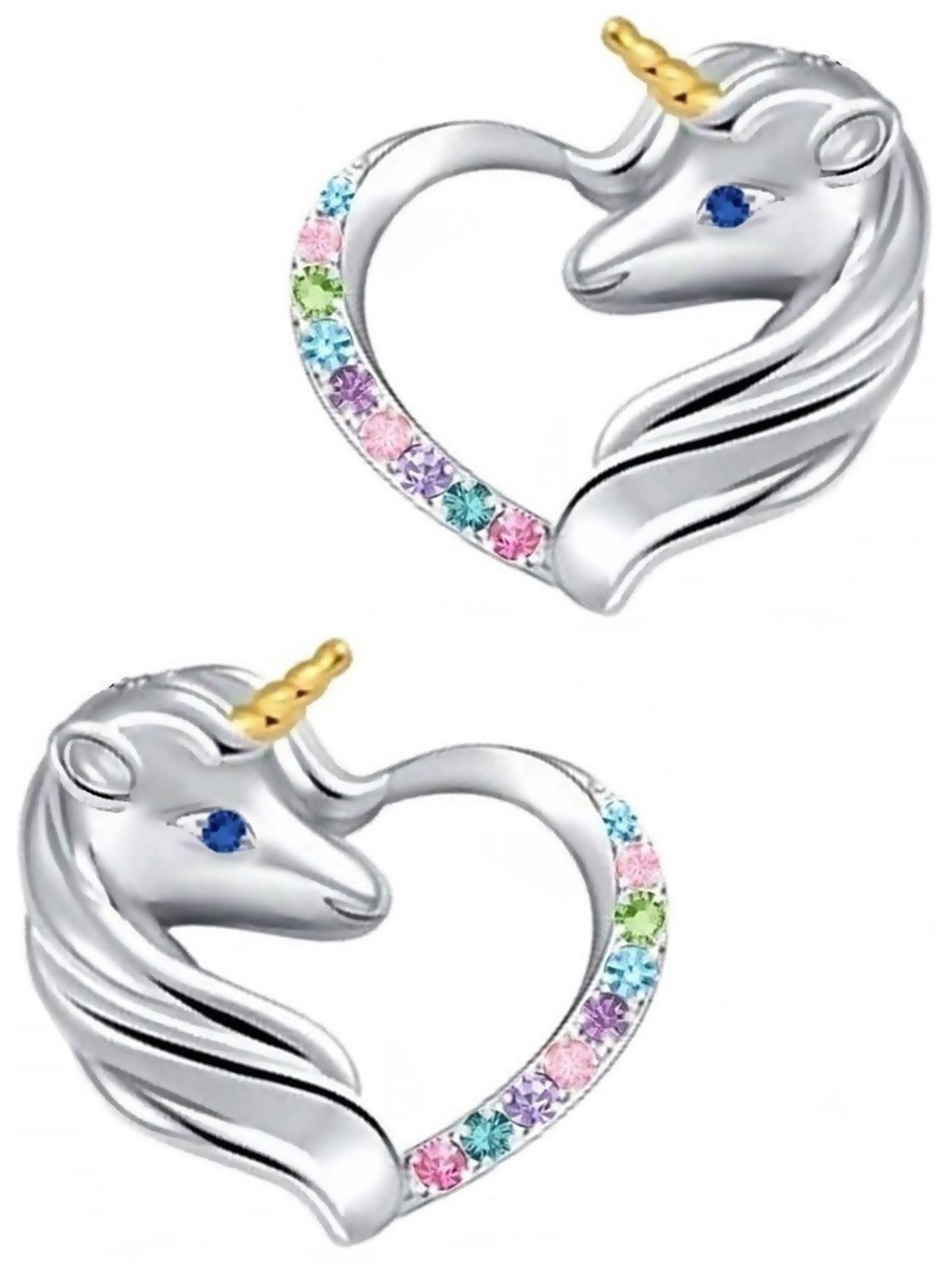 Golden Hufeisen Rainbow Unicorn Horse Earrings - 925 Sterling Silver Zirconia