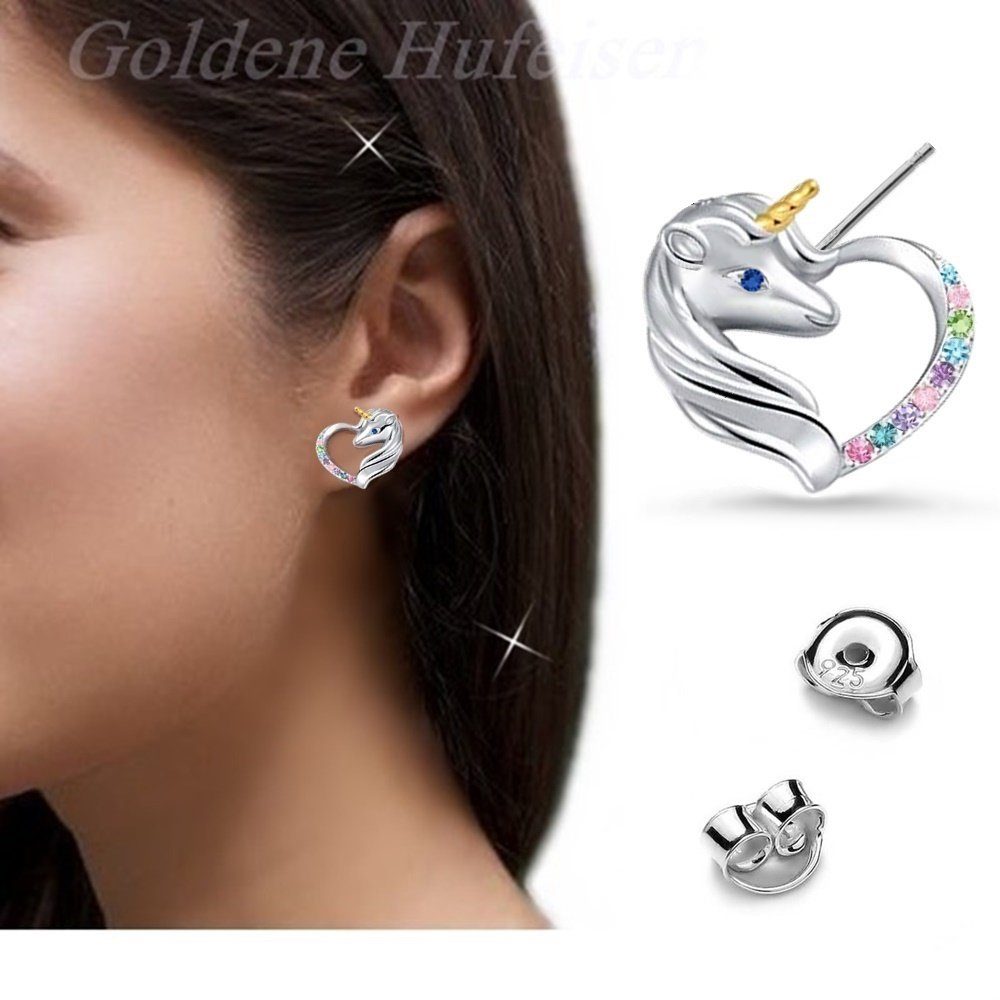 Golden Hufeisen Rainbow Unicorn Horse Earrings - 925 Sterling Silver Zirconia