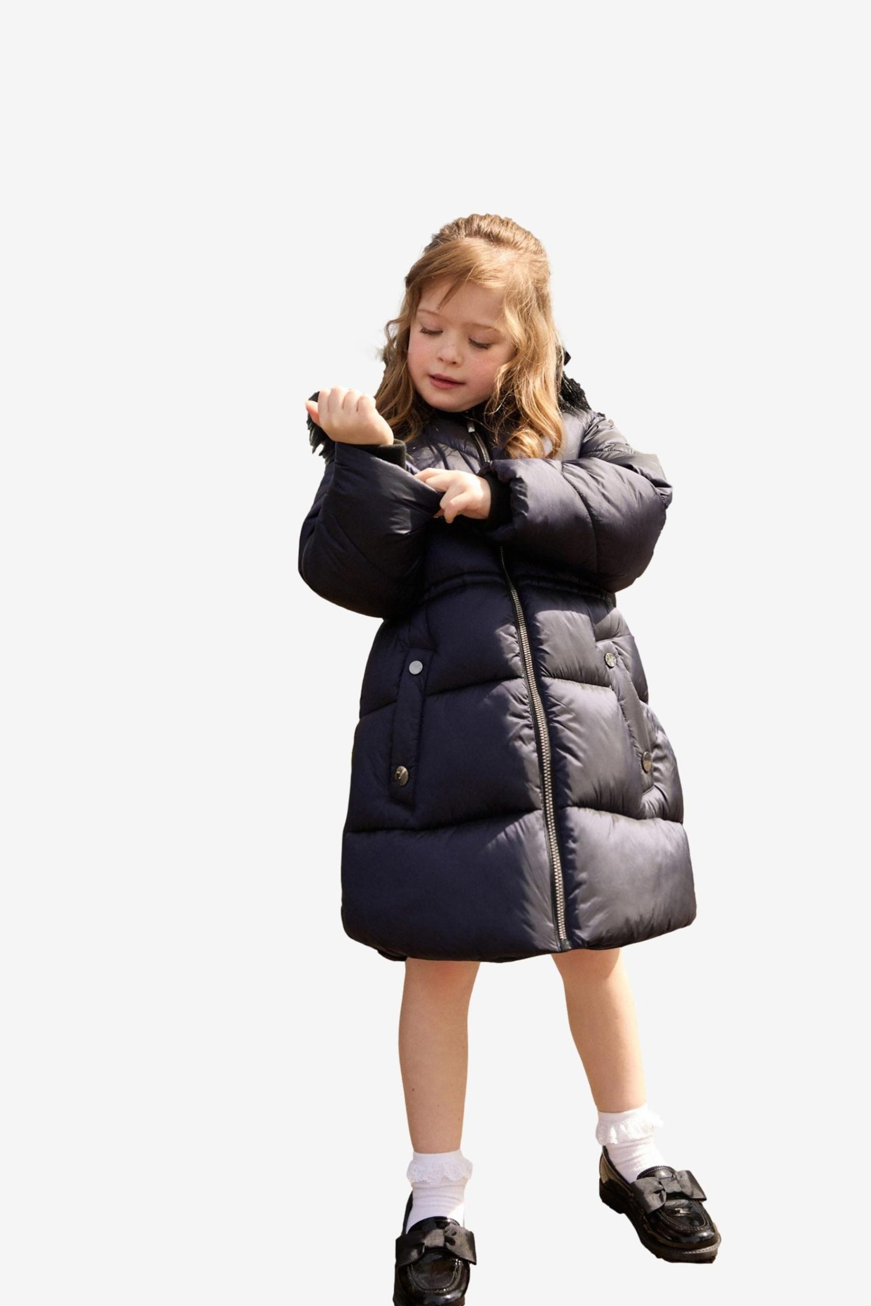 Next Kids' Water-Resistant Padded Jacket with Faux Fur Hood - Black