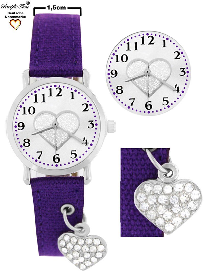 Pacific Time Quarzuhr Kinder Armbanduhr mit Herzanhänger Stoffarmband, funkelndes Herzchen am Armband - Gratis Versand