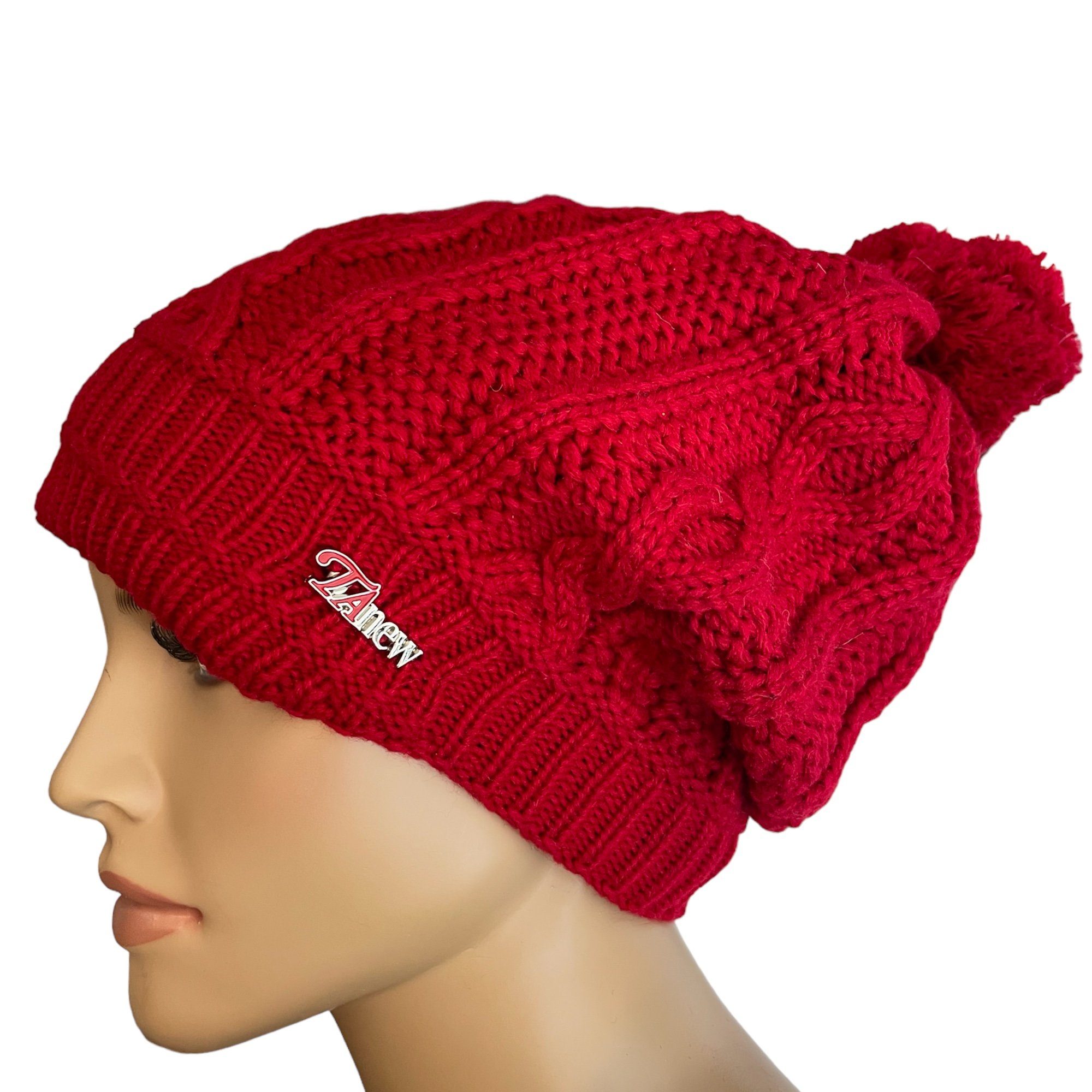 Taschen4life Damen Beanie mit Bommel – Lange Strickmütze, Twistmuster, Warm & Stylisch