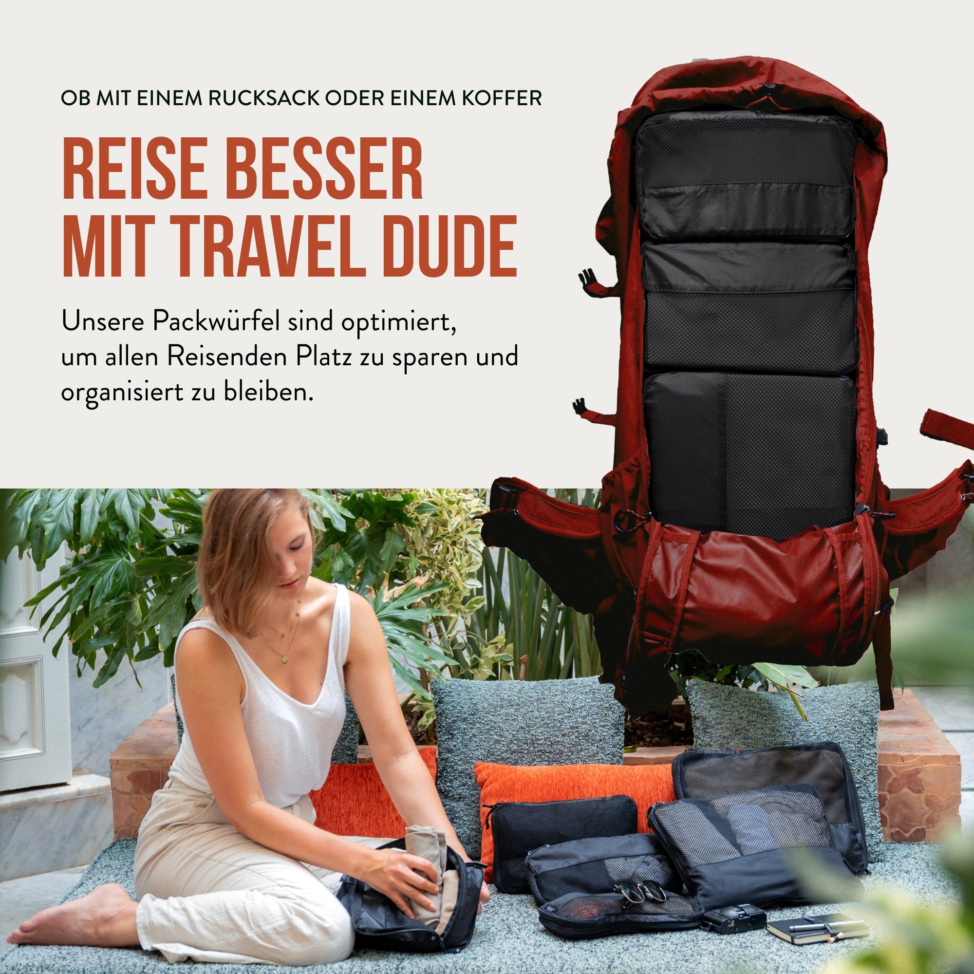 TRAVEL DUDE Kofferorganizer aus recycelten Plastikflaschen (ultraleichte Packwürfel, 4-tlg., Mit Packtaschen in verschiedenen Größen und einem Wäschebeutel), mit Kompression und einem Nassfach