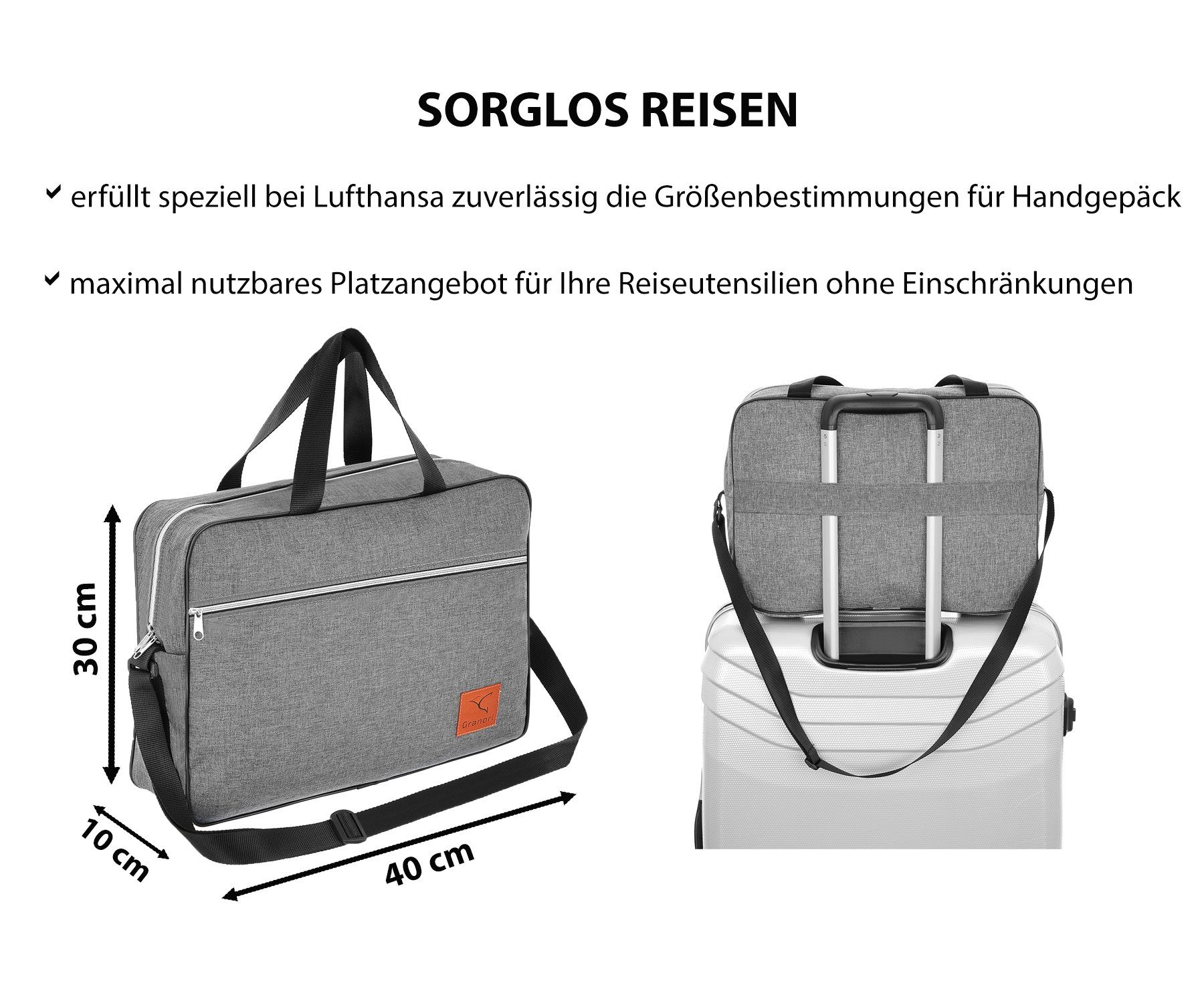 Granori Reisetasche 40x30x10 cm Handgepäck für Lufthansa Flug, extra leicht, mit verstellbarem Schultergurt