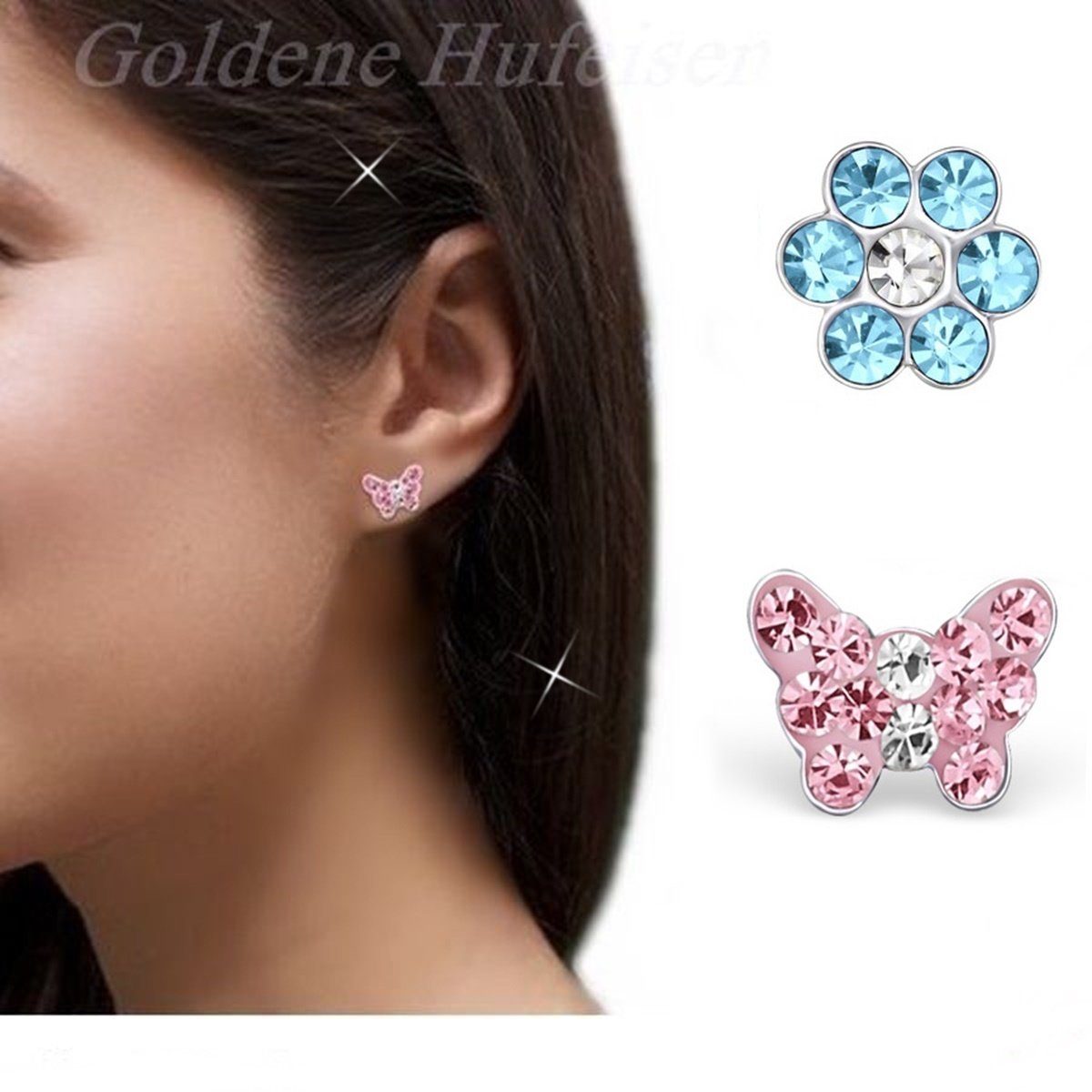 'Goldene Hufesien' Horseshoe Earrings Set - 2 Pairs for Girls - Crystal Butterfly & Flower Design - 925 Sterling Silver