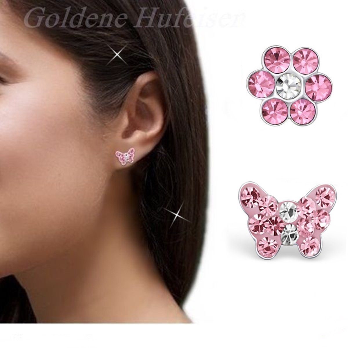 'Goldene Hufesien' Horseshoe Earrings Set - 2 Pairs for Girls - Crystal Butterfly & Flower Design - 925 Sterling Silver
