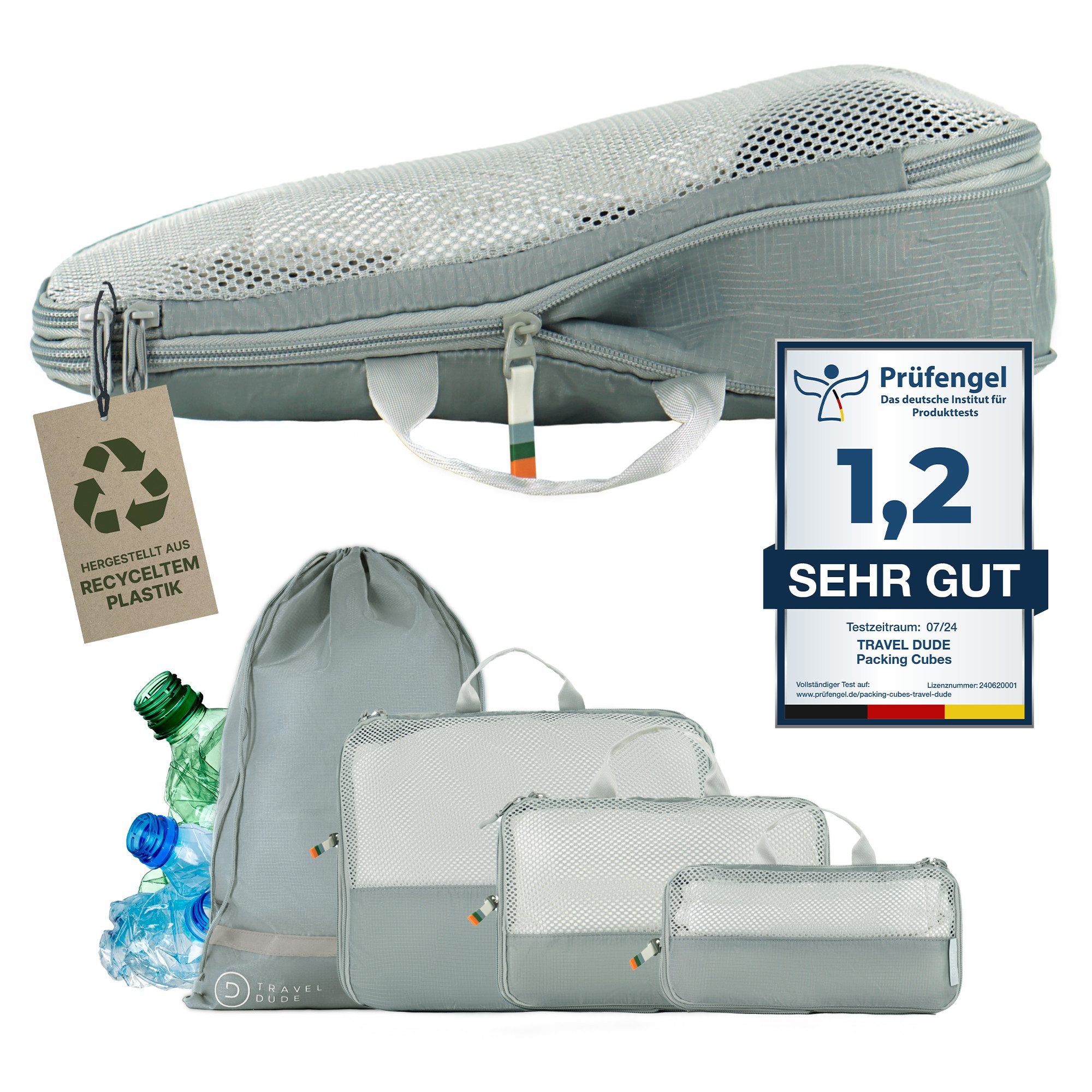 TRAVEL DUDE Kofferorganizer aus recycelten Plastikflaschen (ultraleichte Packwürfel, 4-tlg., Mit Packtaschen in verschiedenen Größen und einem Wäschebeutel), mit Kompression und einem Nassfach