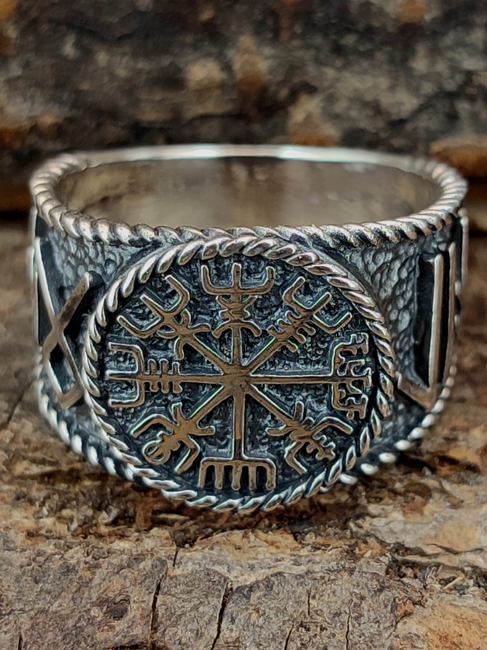 Kiss of Leather Viking Compass Silver Ring - Vegvisir & Odin Runes - 925 Sterling
