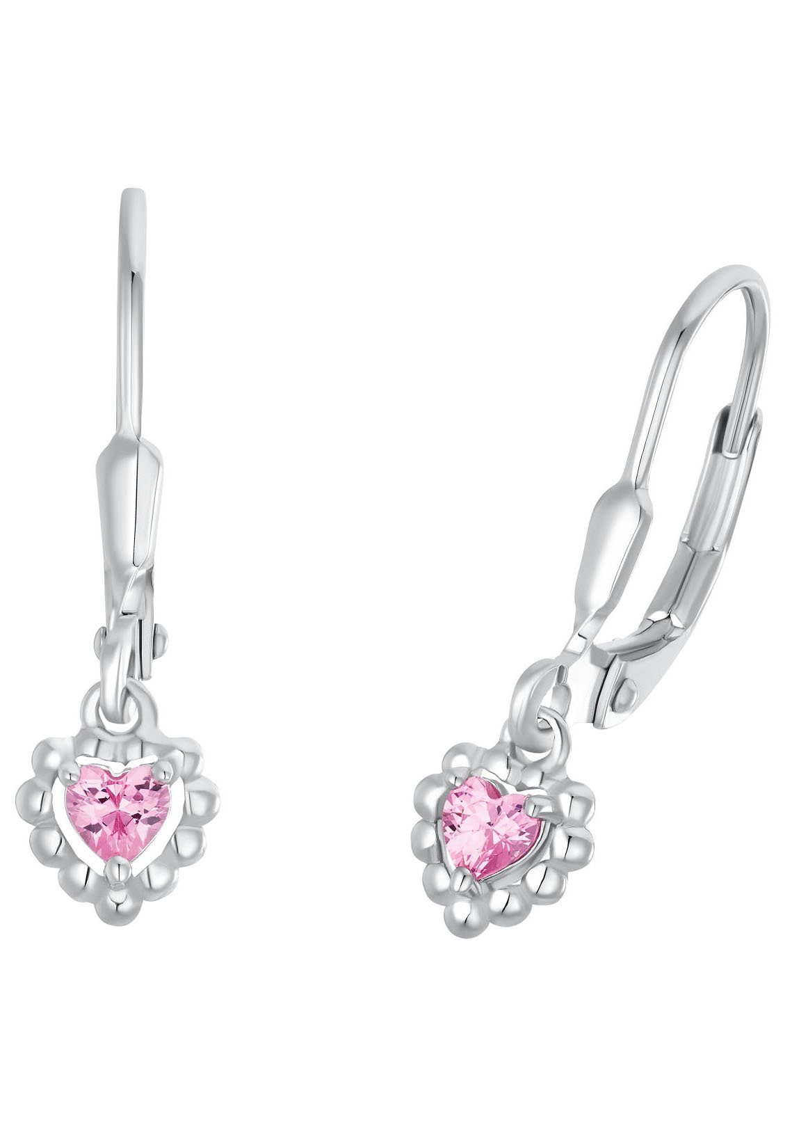 Amore Sterling Silver Heart Stud Earrings with Pink Cubic Zirconia