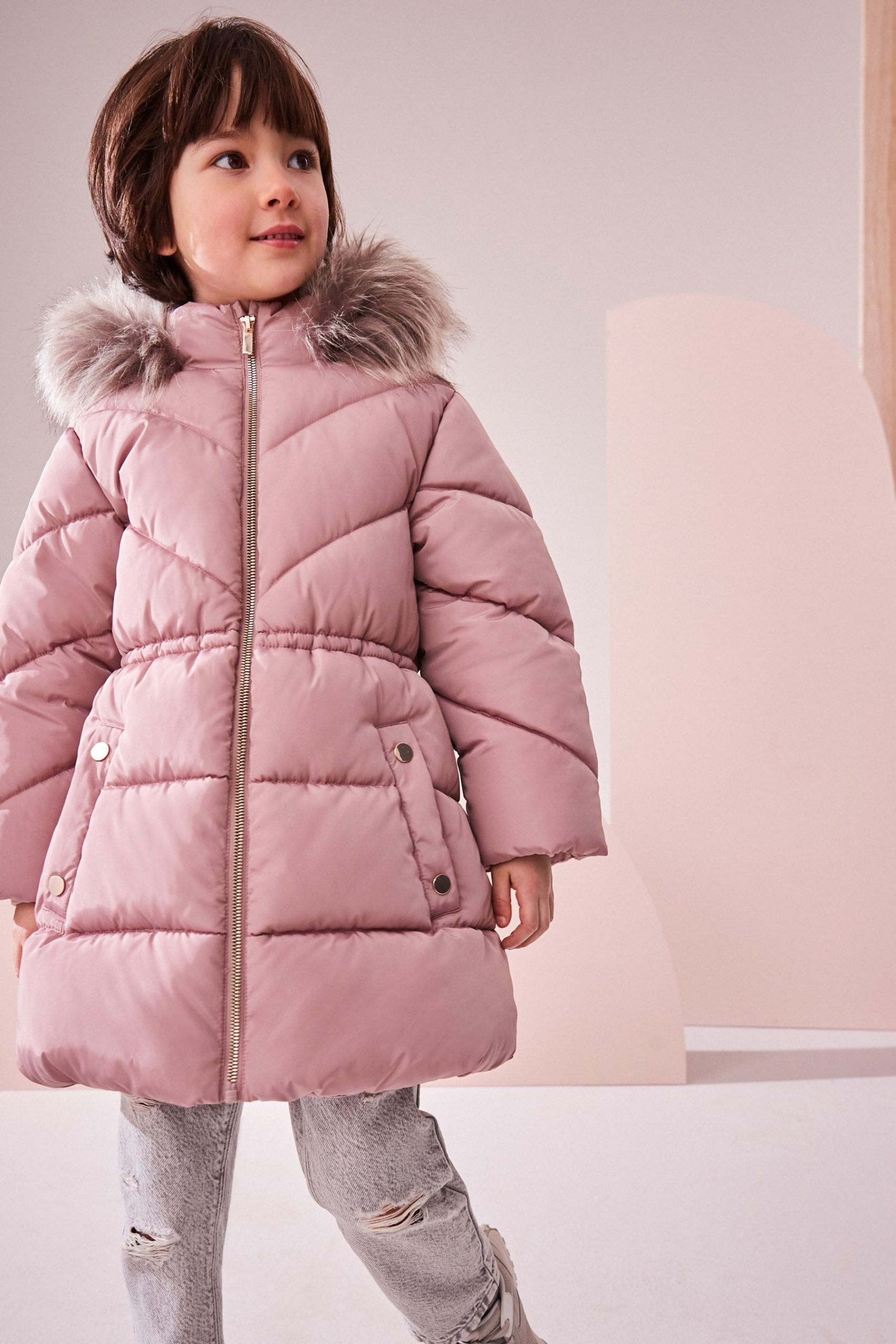 Next Kids' Water-Resistant Padded Jacket with Faux Fur Hood - Black