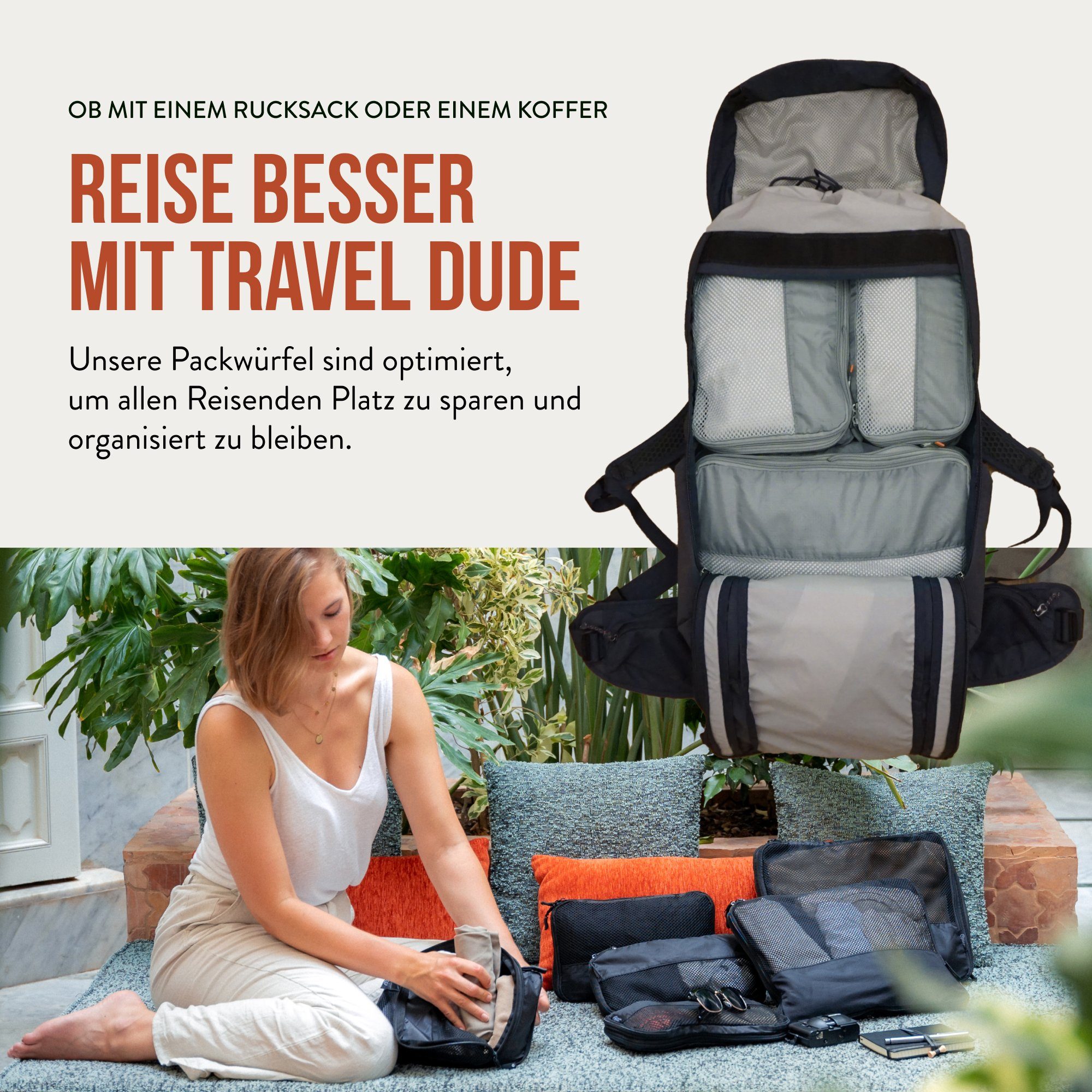 TRAVEL DUDE Kofferorganizer aus recycelten Plastikflaschen (ultraleichte Packwürfel, 4-tlg., Mit Packtaschen in verschiedenen Größen und einem Wäschebeutel), mit Kompression und einem Nassfach