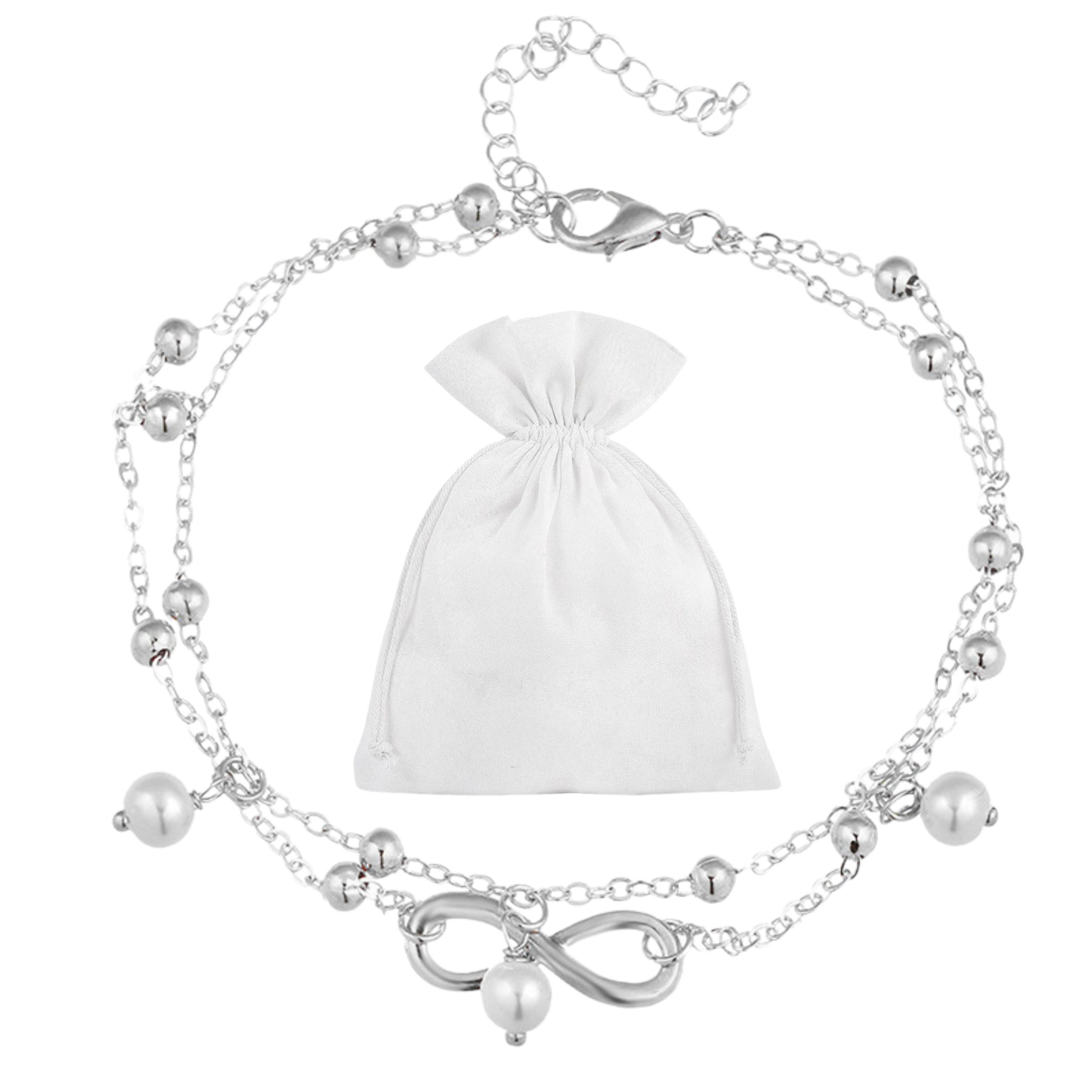 Felino Fußkette mit Anhänger Damen Infinity Weiße Perlen Silber Unendlichkeit Fußkette
