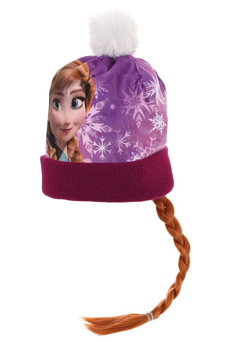 Disney Frozen Bommelmütze Mädchen Mütze mit Zopf Anna + Elsa Eiskönigin 52 + 54 Zopf