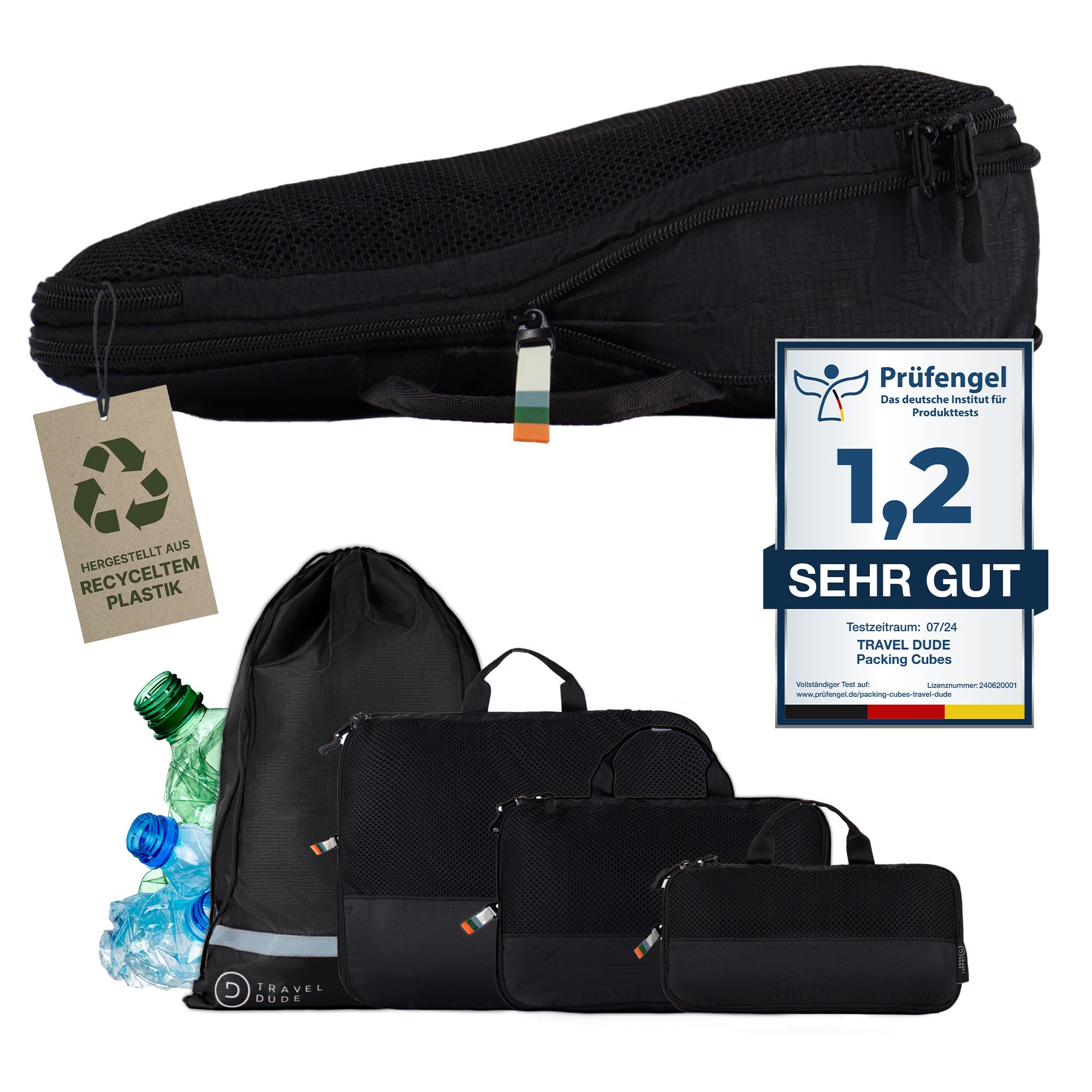 TRAVEL DUDE Kofferorganizer aus recycelten Plastikflaschen (ultraleichte Packwürfel, 4-tlg., Mit Packtaschen in verschiedenen Größen und einem Wäschebeutel), mit Kompression und einem Nassfach