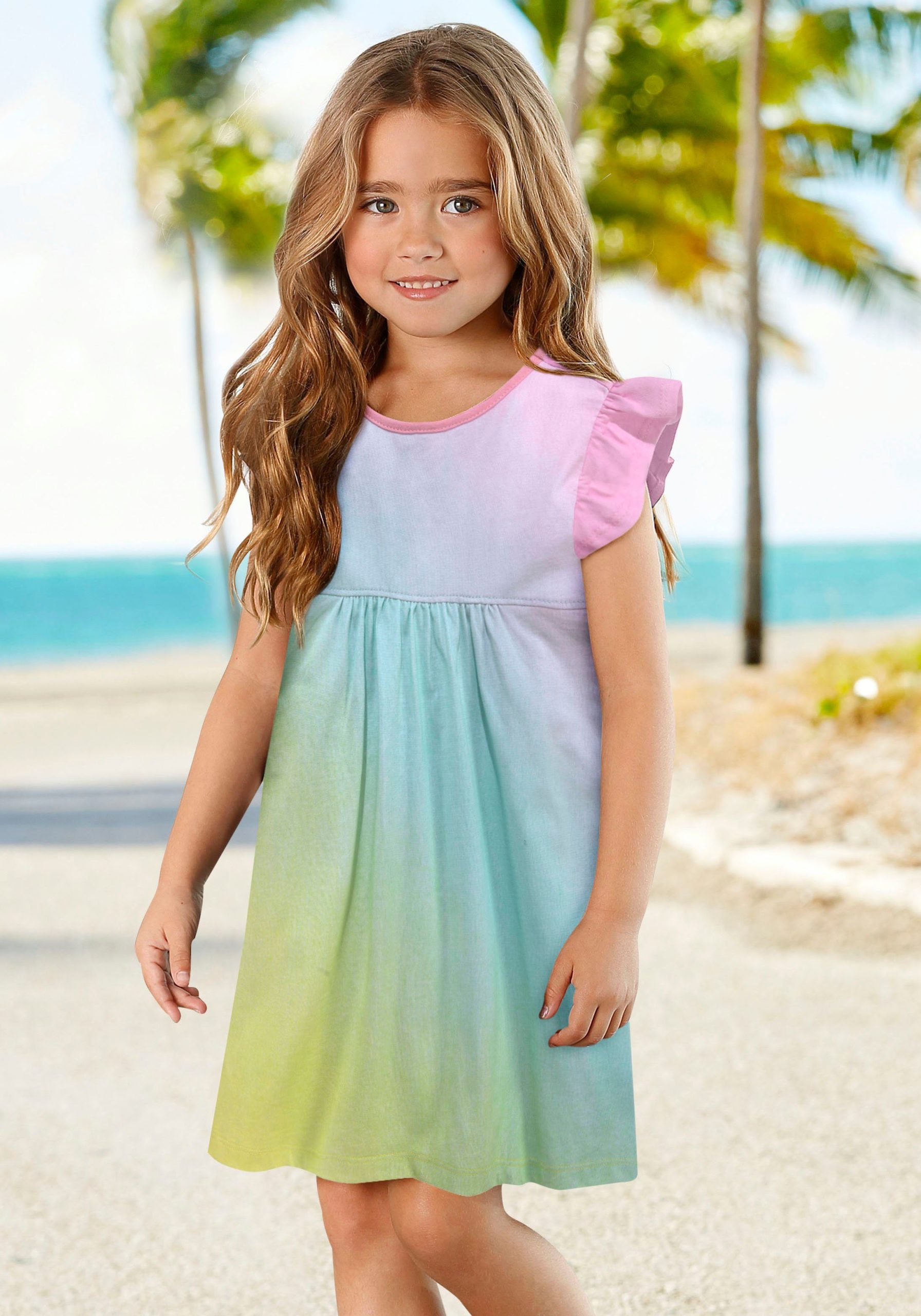 KIDSWORLD Rainbow Jersey Dress - Girls' Knee-Length, Flutter Sleeve