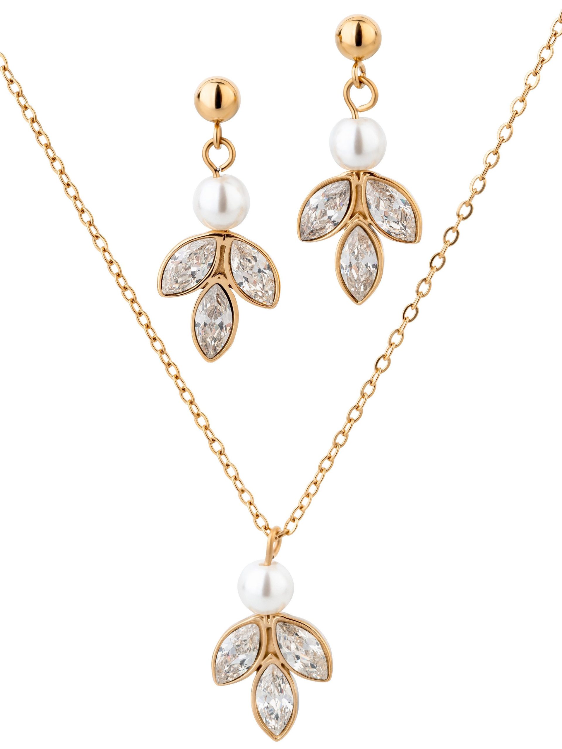 Brautkronen Brautschmuck Set: Stainless Steel Necklace & Earrings with Zirconia & Pearl for Brides