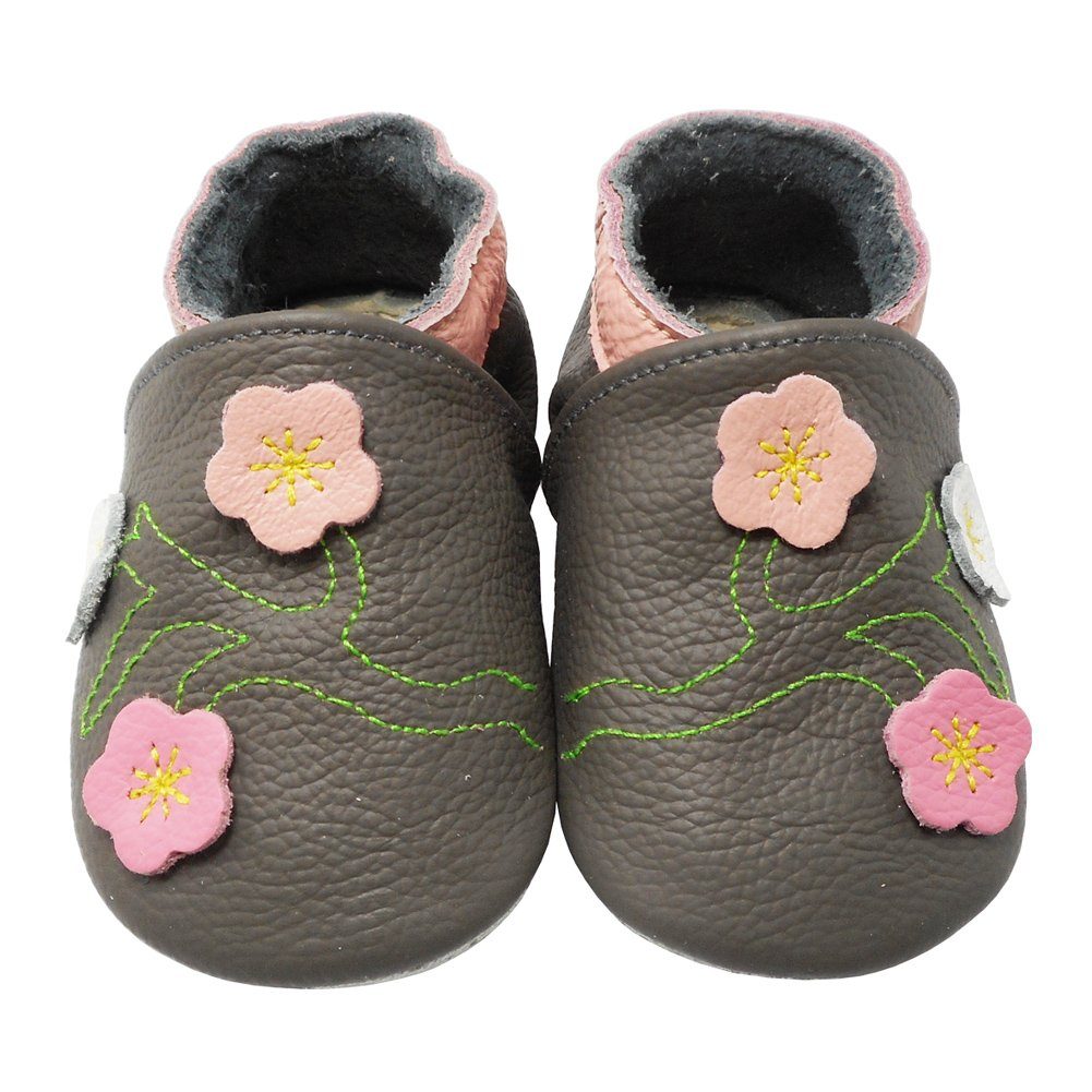 Yalion Genuine Leather Walking Shoes - Soft First Walker Moccasins - 3-Flower Grey