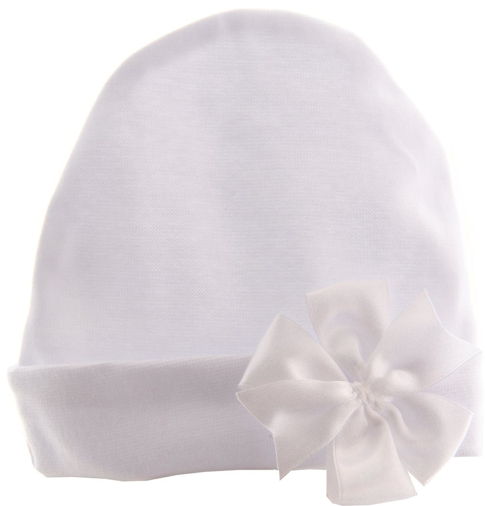 La Bortini Baby Hat with Bow - White Cotton - Christening & Gift - Sizes 36-48