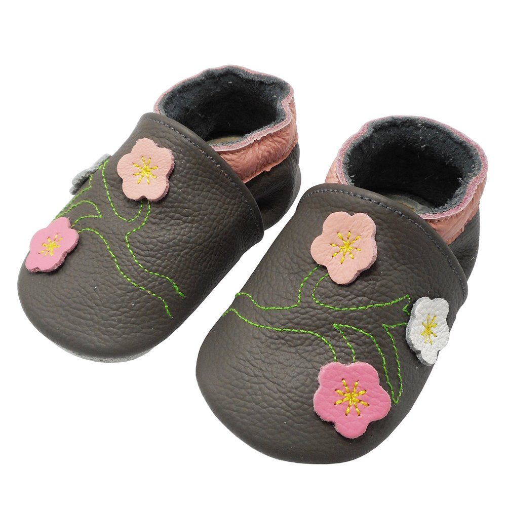 Yalion Genuine Leather Walking Shoes - Soft First Walker Moccasins - 3-Flower Grey
