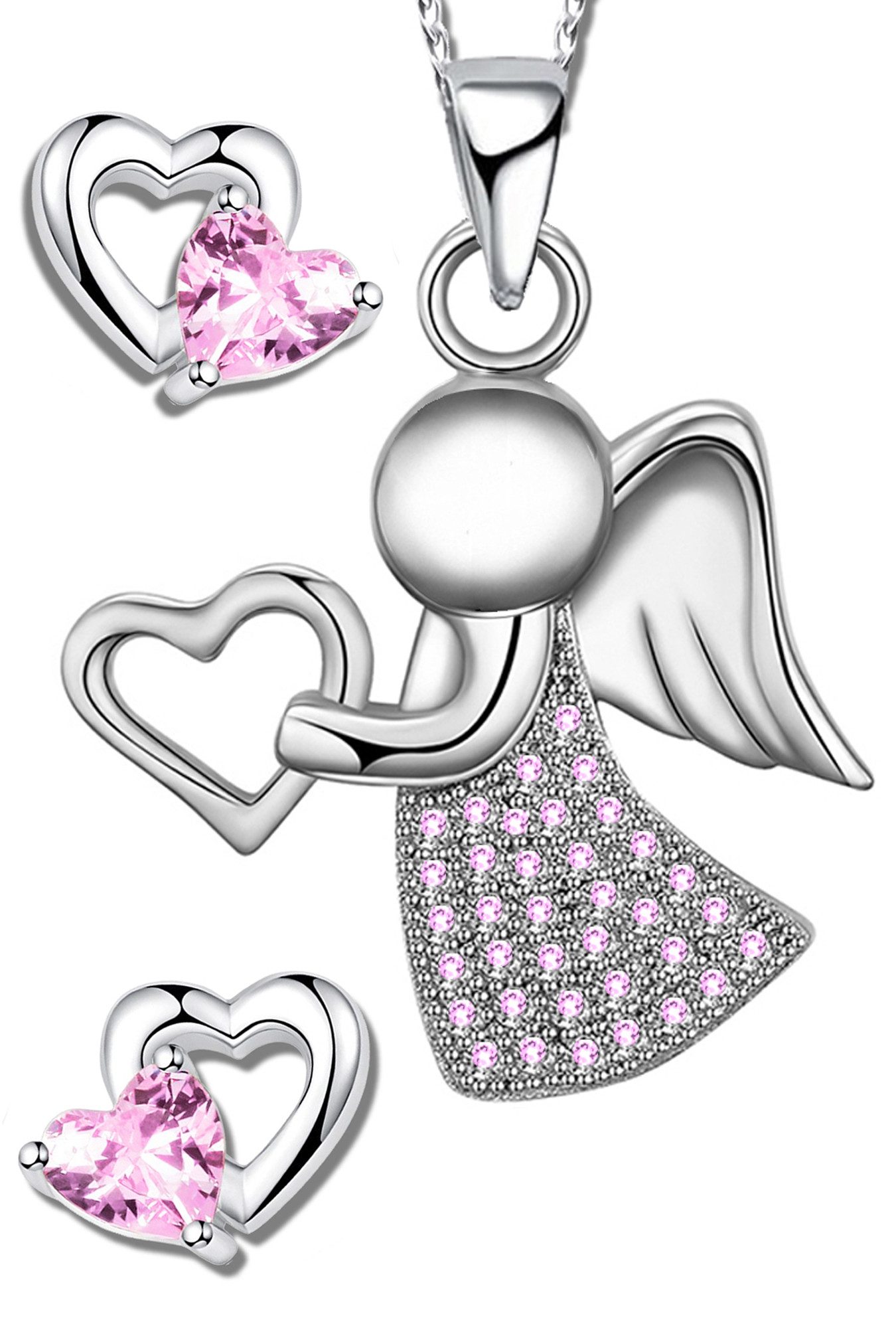Limana 925 Silver Angel & Heart Children's Jewelry Set - Necklace & Earrings