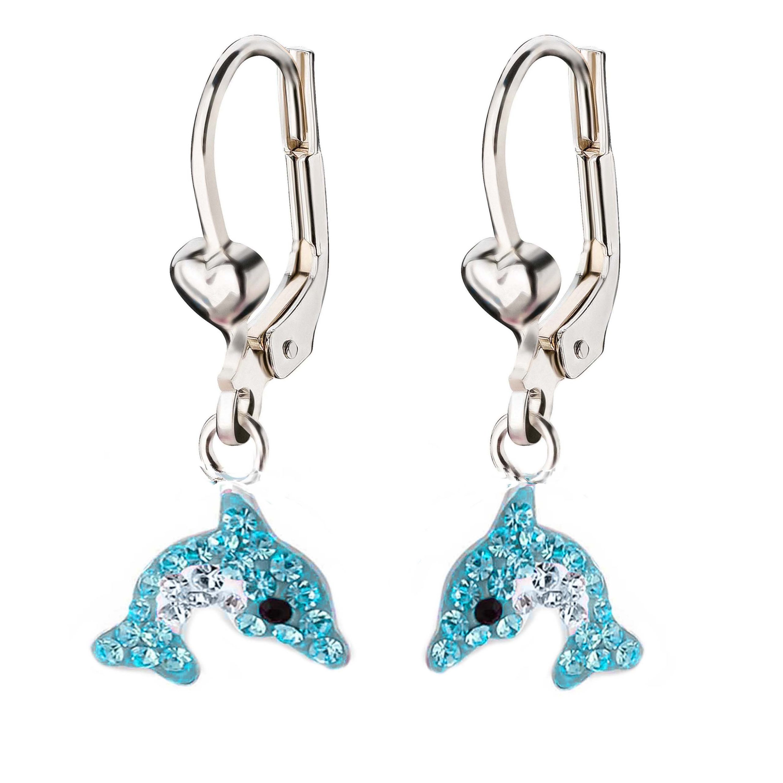 Schmuck23 Paar Ohrhänger Kinder Ohrringe Delfin 925 Silber, Kinderschmuck Kristalle Mädchen Geschenk
