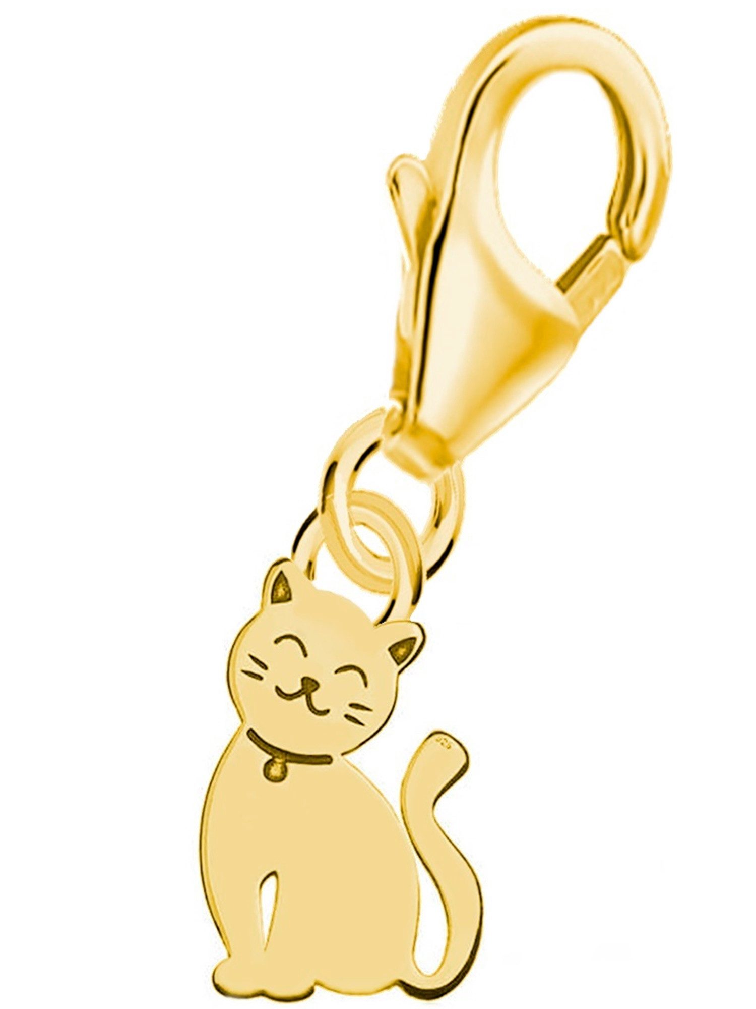Sterling Silver Cat Charm - Yellow Gold Plated, CZ Accent - Bracelet/Necklace Gift