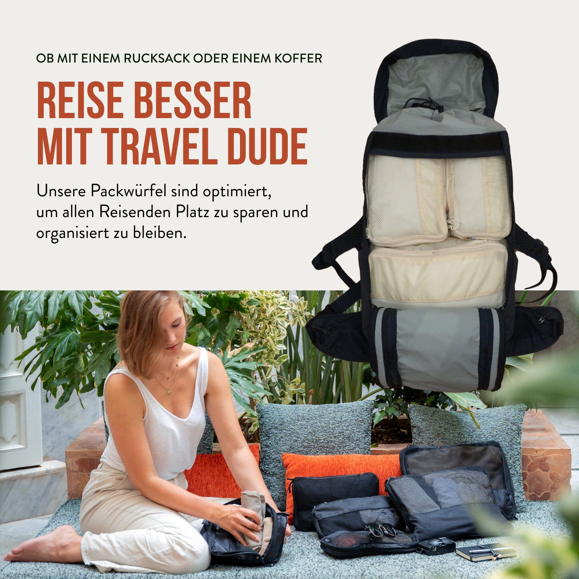 TRAVEL DUDE Kofferorganizer aus recycelten Plastikflaschen (ultraleichte Packwürfel, 4-tlg., Mit Packtaschen in verschiedenen Größen und einem Wäschebeutel), mit Kompression und einem Nassfach