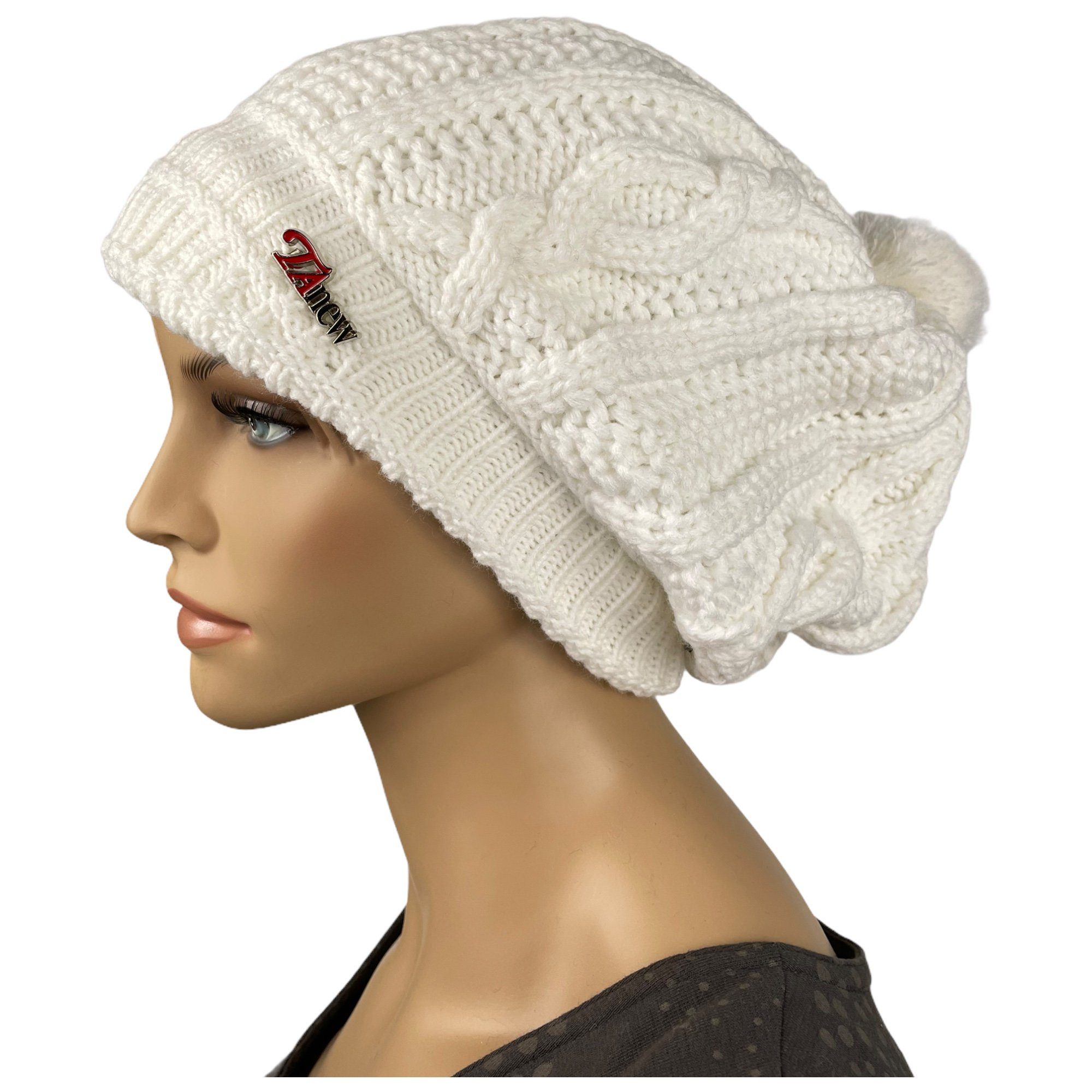 Taschen4life Damen Beanie mit Bommel – Lange Strickmütze, Twistmuster, Warm & Stylisch