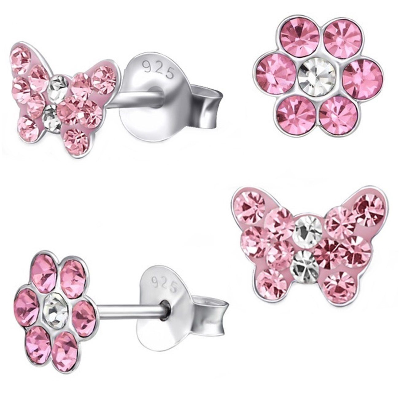 'Goldene Hufesien' Horseshoe Earrings Set - 2 Pairs for Girls - Crystal Butterfly & Flower Design - 925 Sterling Silver