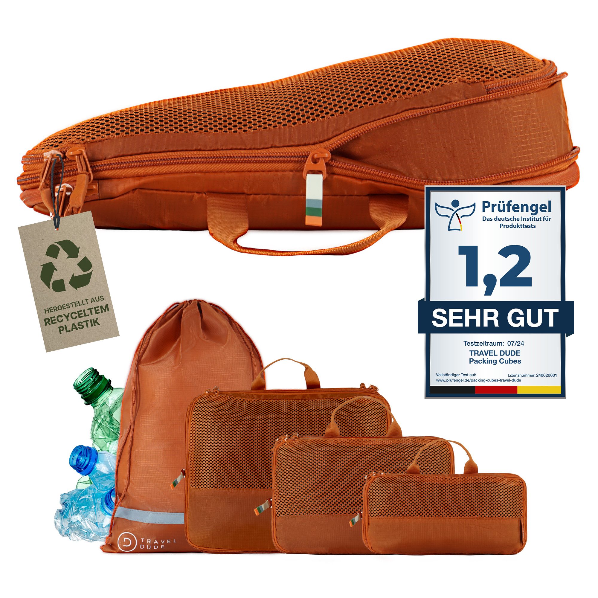 TRAVEL DUDE Kofferorganizer aus recycelten Plastikflaschen (ultraleichte Packwürfel, 4-tlg., Mit Packtaschen in verschiedenen Größen und einem Wäschebeutel), mit Kompression und einem Nassfach