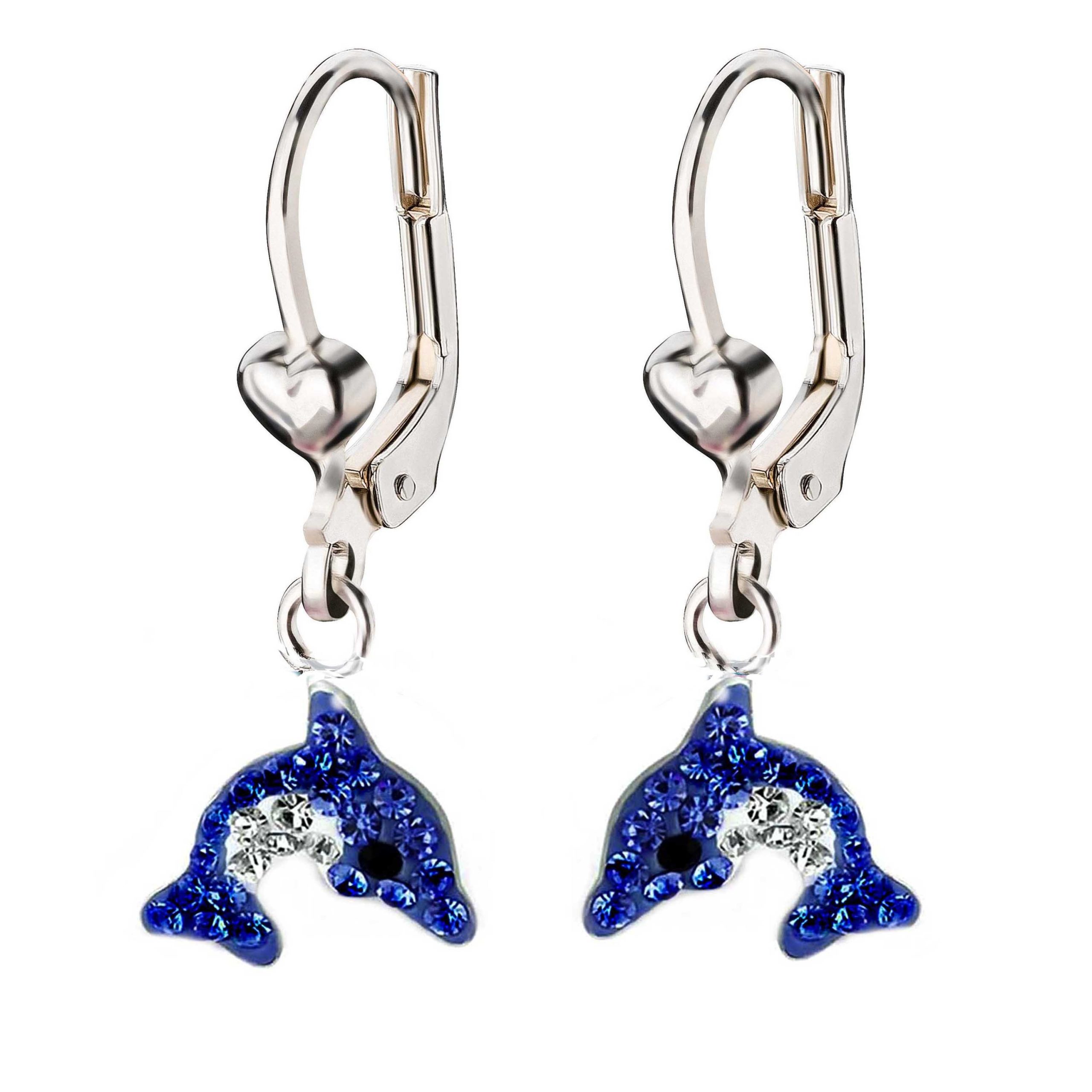 Schmuck23 Paar Ohrhänger Kinder Ohrringe Delfin 925 Silber, Kinderschmuck Kristalle Mädchen Geschenk