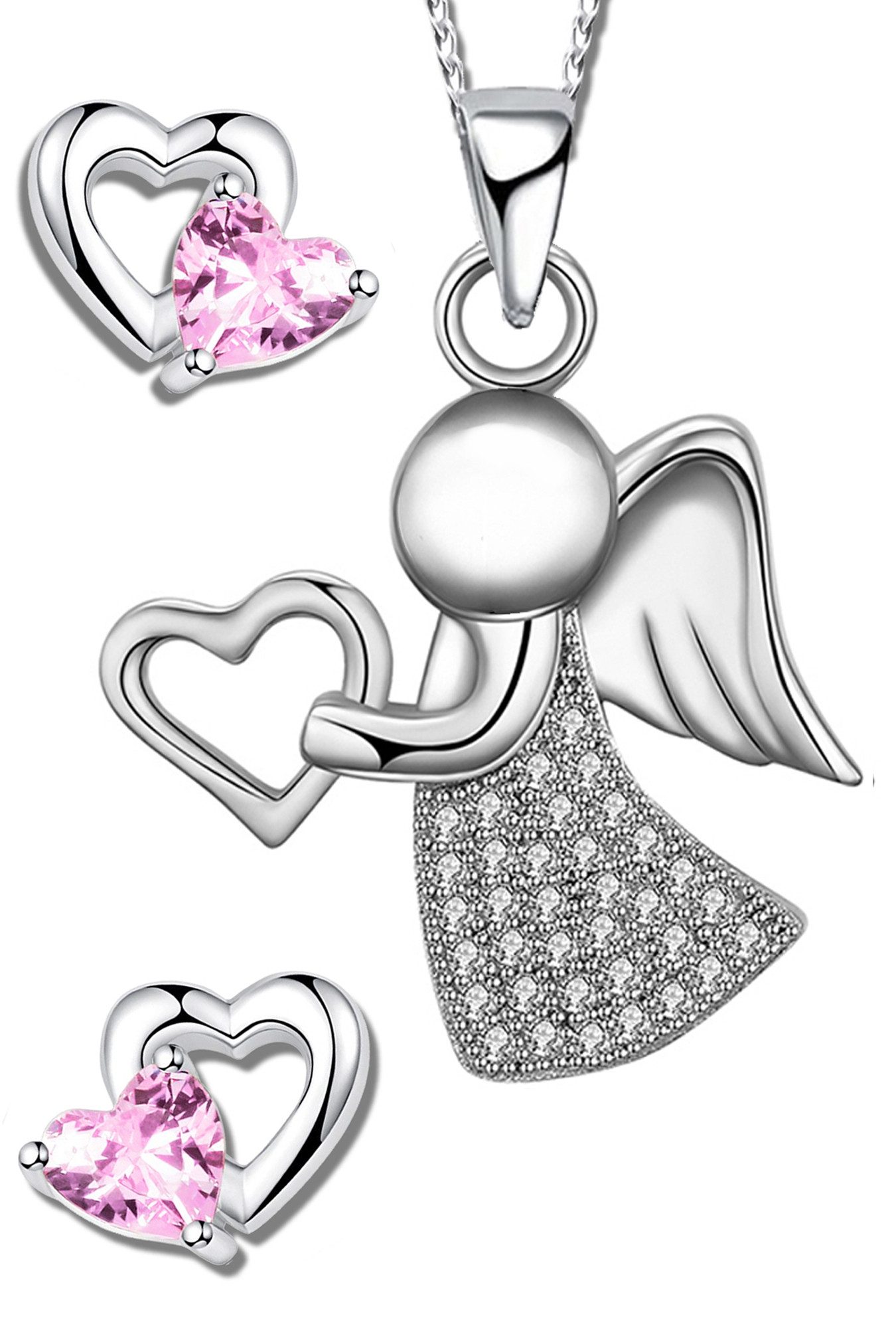 Limana 925 Silver Angel & Heart Children's Jewelry Set - Necklace & Earrings