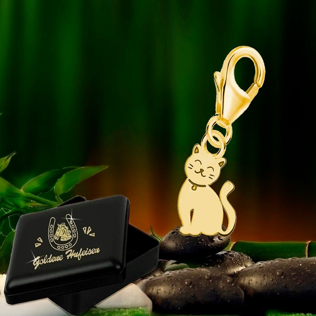 Sterling Silver Cat Charm - Yellow Gold Plated, CZ Accent - Bracelet/Necklace Gift