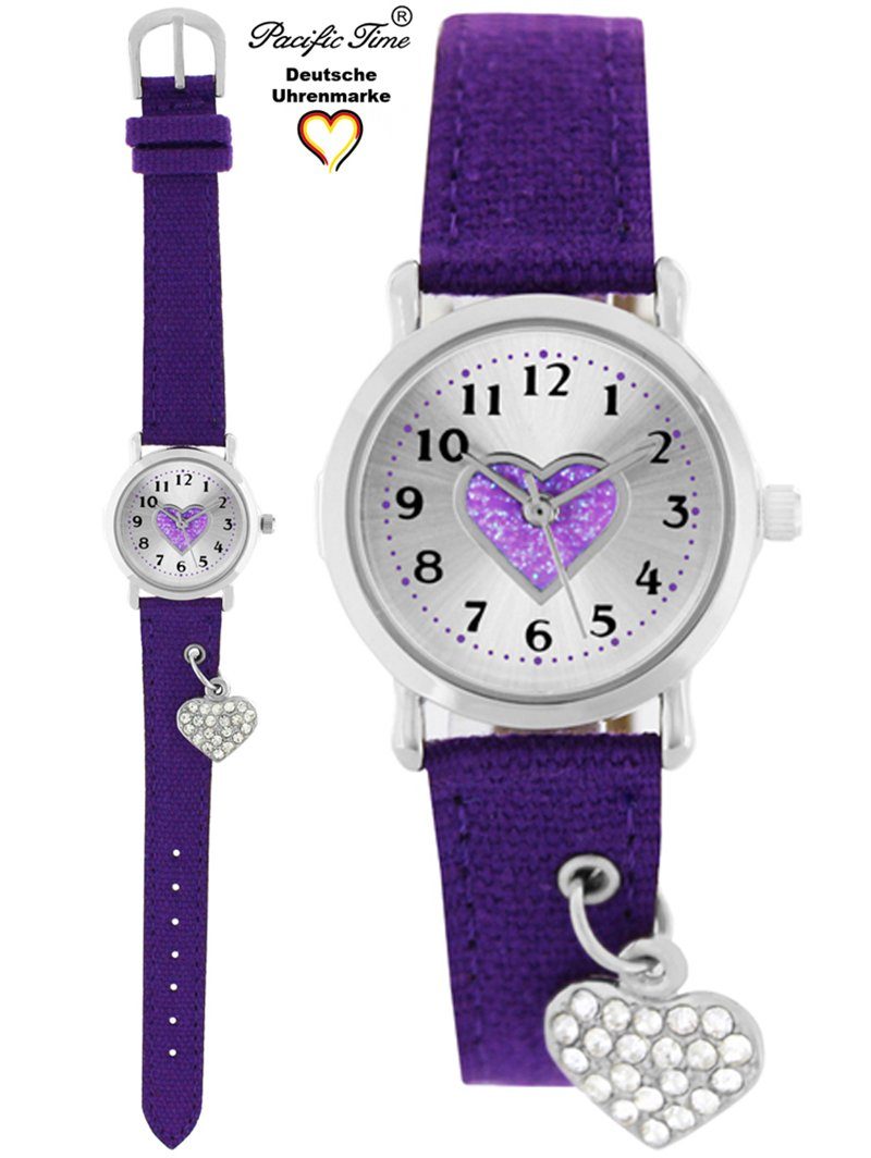 Pacific Time Quarzuhr Kinder Armbanduhr mit Herzanhänger Stoffarmband, funkelndes Herzchen am Armband - Gratis Versand