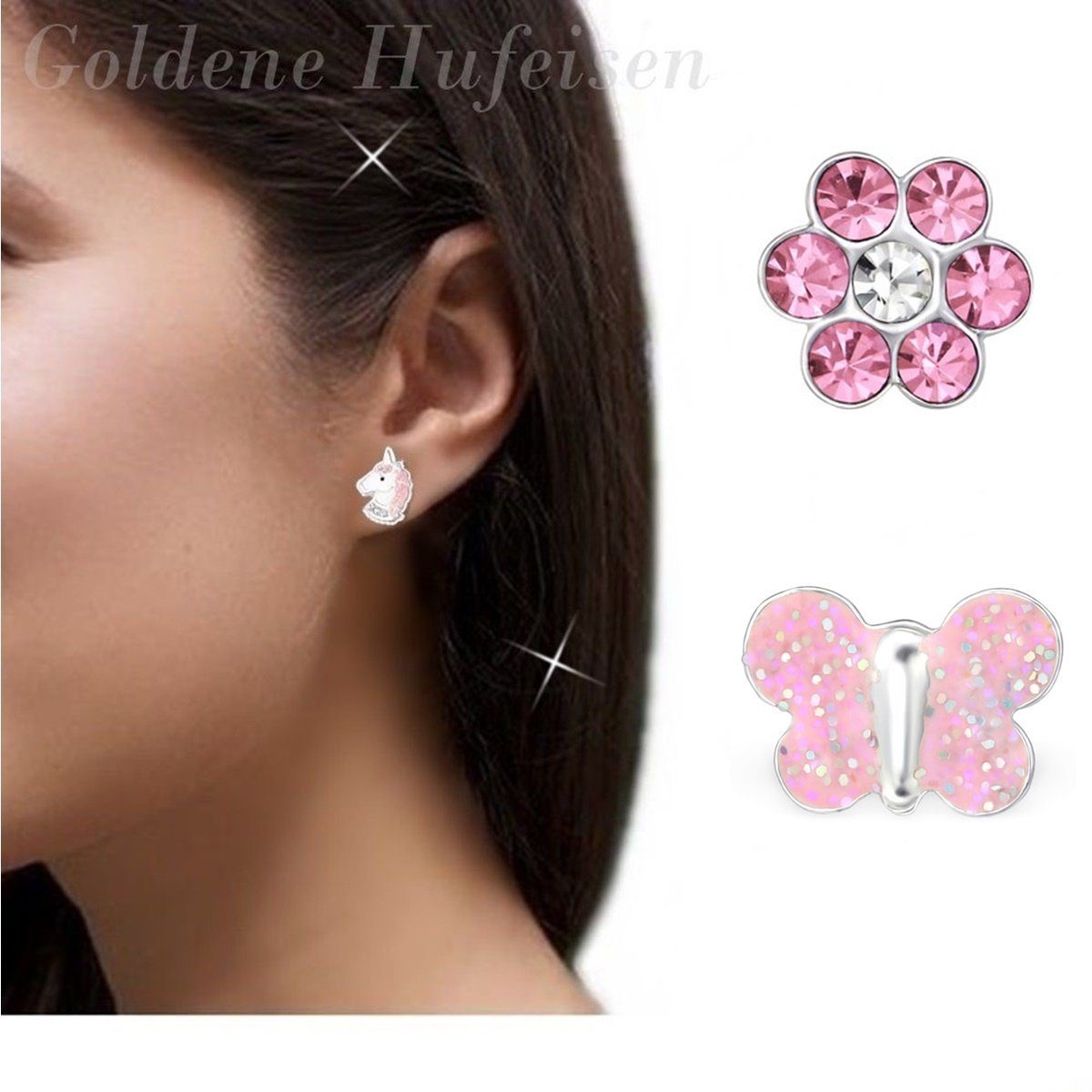 Goldene Hufesein Ohrstec Ker-Set 3 Paar Set Ohrstec Ker Einhorn Schmetterling Blume Ohrringe 925 Silber (6-tlg, inkl. Etui), Kristall