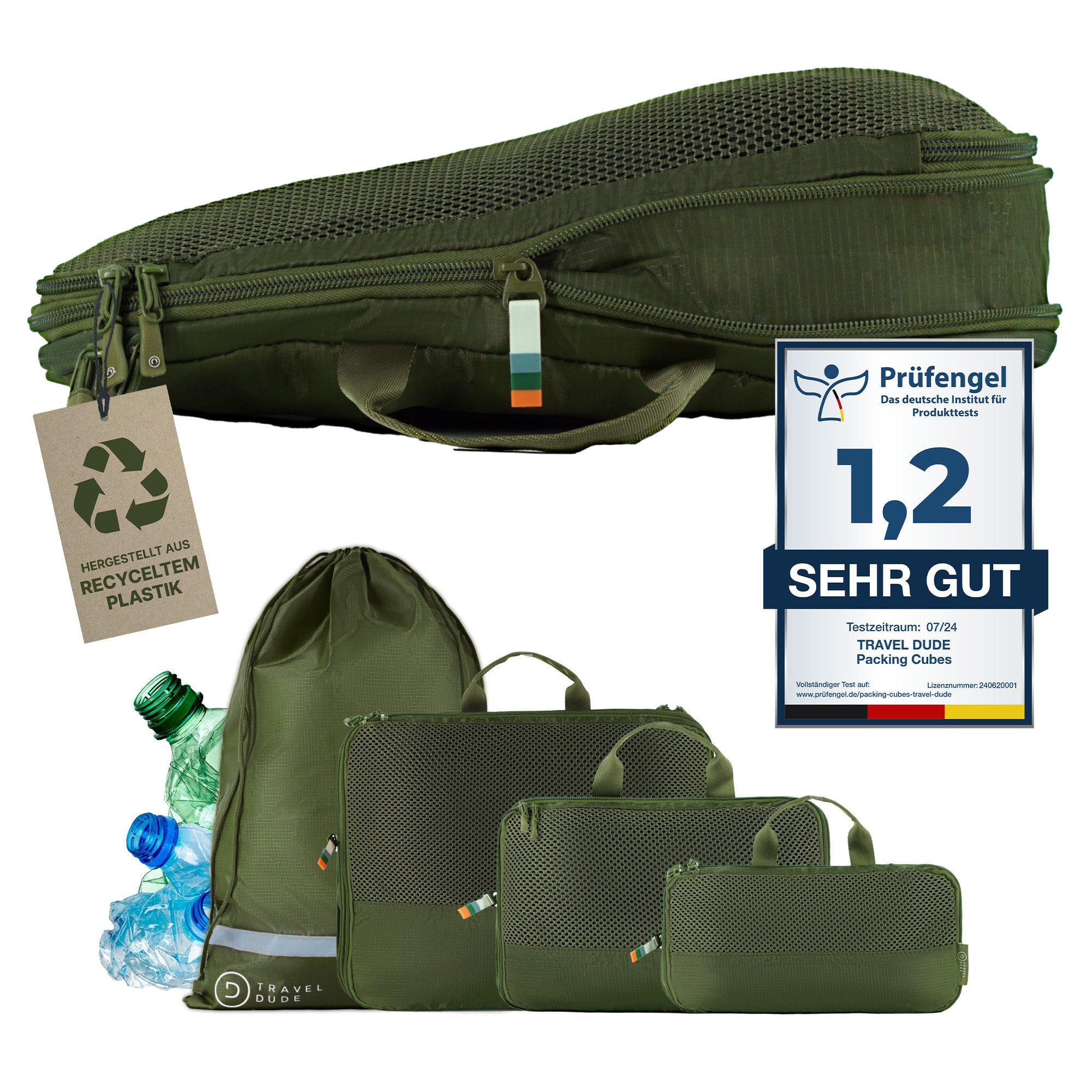 TRAVEL DUDE Kofferorganizer aus recycelten Plastikflaschen (ultraleichte Packwürfel, 4-tlg., Mit Packtaschen in verschiedenen Größen und einem Wäschebeutel), mit Kompression und einem Nassfach