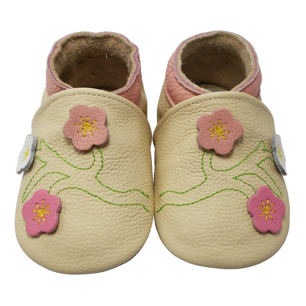 Yalion Weiche Leder Krabbelschuhe Laufen-Schuhe – 3-Blumen Beige 100% Leder