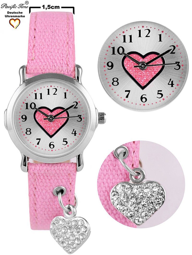 Pacific Time Quarzuhr Kinder Armbanduhr mit Herzanhänger Stoffarmband, funkelndes Herzchen am Armband - Gratis Versand