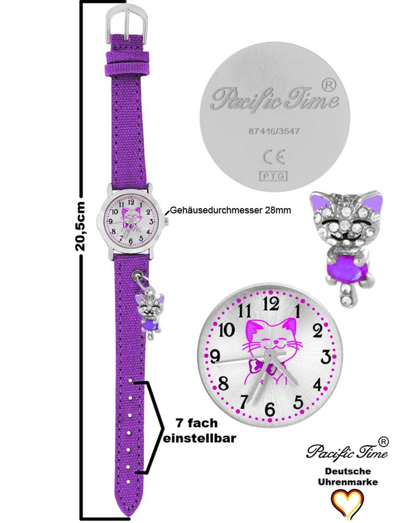 Pacific Time Quarzuhr Kinder Armbanduhr mit Katzenanhänger Stoffarmband, Gratis Versand