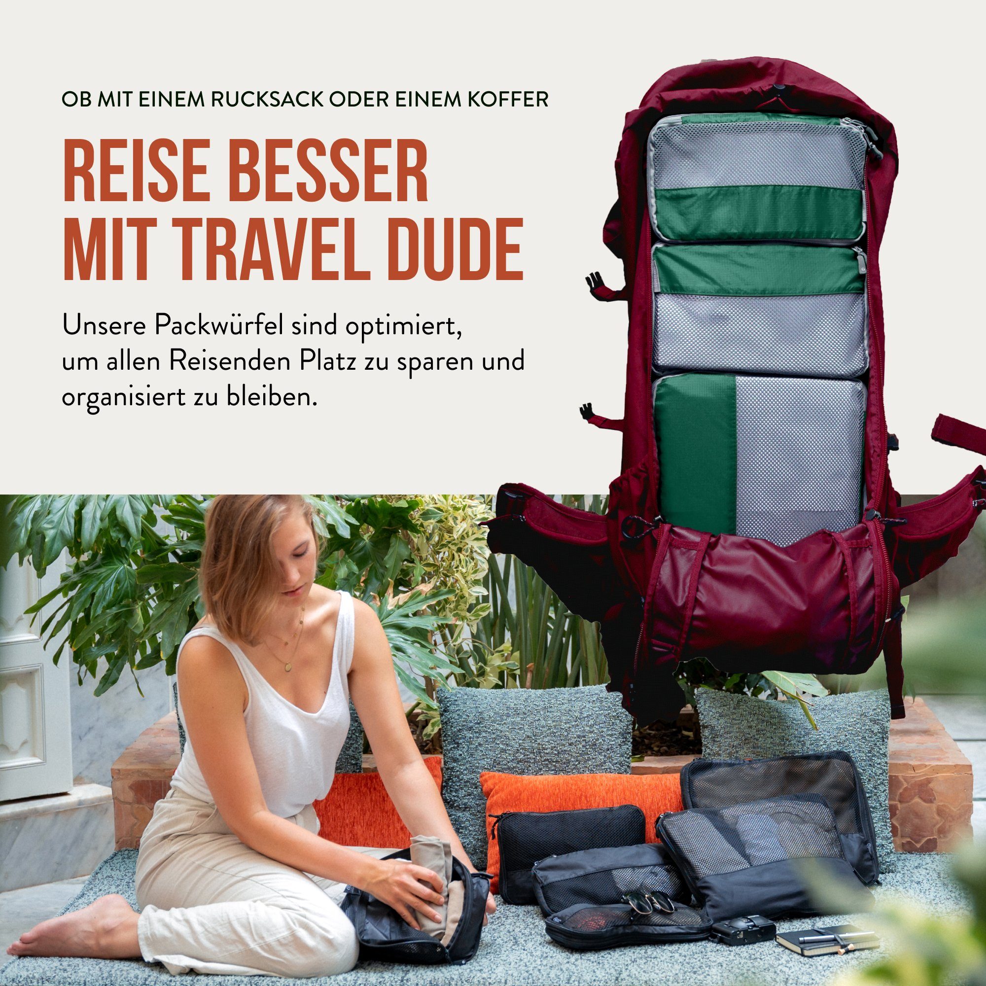 TRAVEL DUDE Kofferorganizer aus recycelten Plastikflaschen (ultraleichte Packwürfel, 4-tlg., Mit Packtaschen in verschiedenen Größen und einem Wäschebeutel), mit Kompression und einem Nassfach