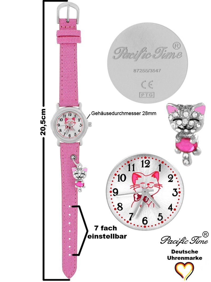 Pacific Time Quarzuhr Kinder Armbanduhr mit Katzenanhänger Stoffarmband, Gratis Versand